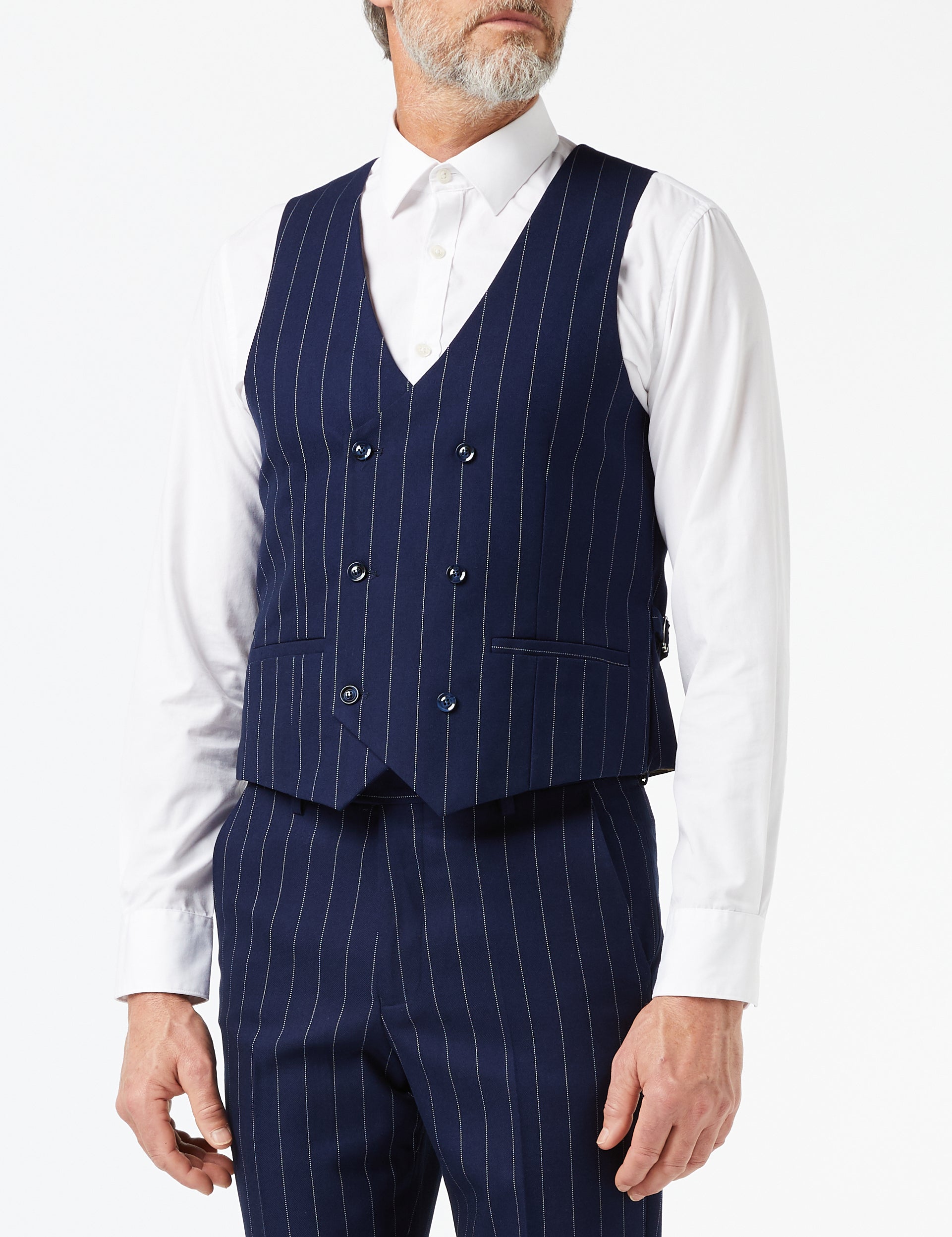 WHITE PINSTRIPE ON NAVY JACKET & WAISTCOAT