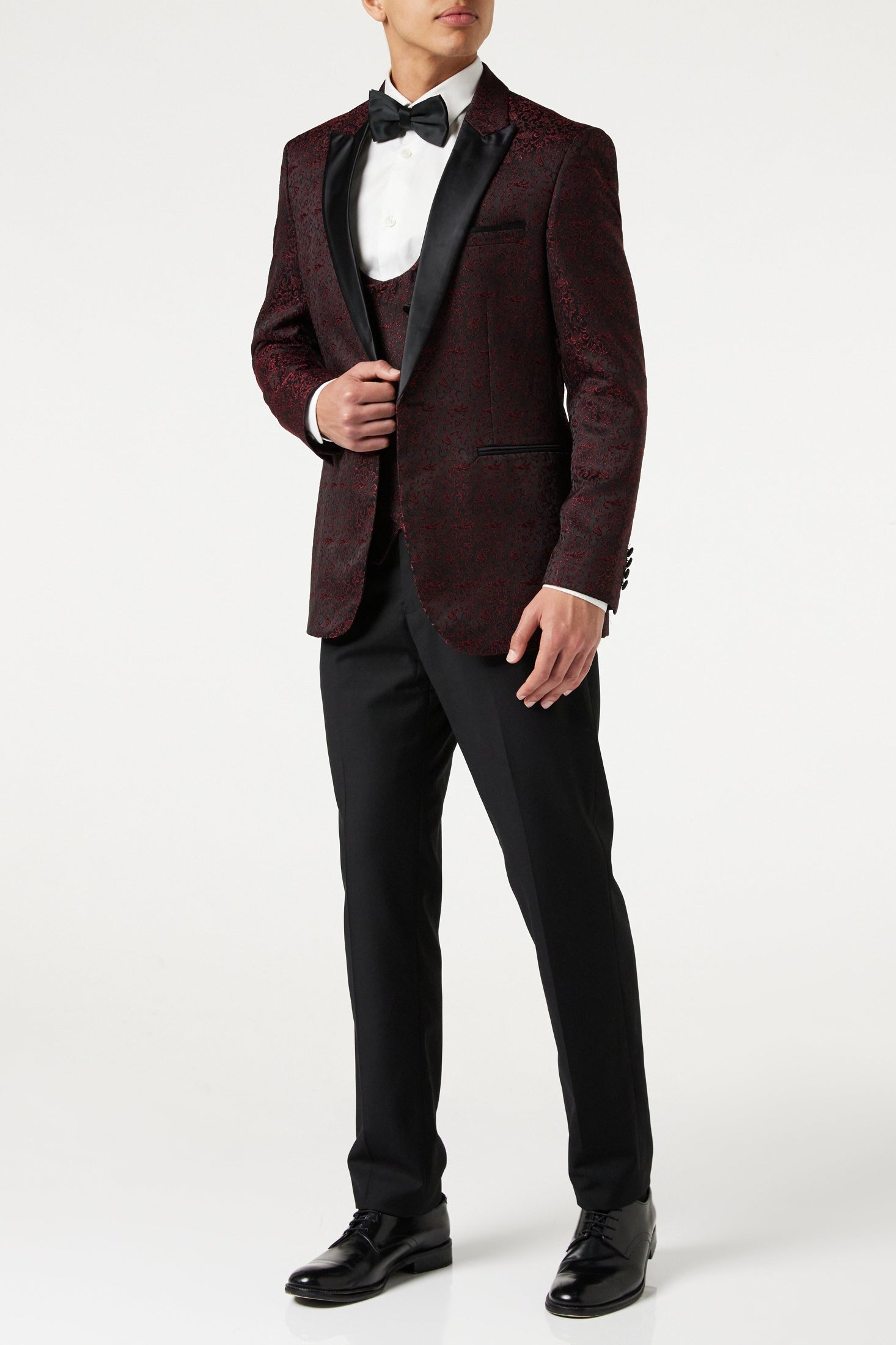 BRIAN - Floral Jacquard Print Red Tuxedo Jacket With Waistcoat