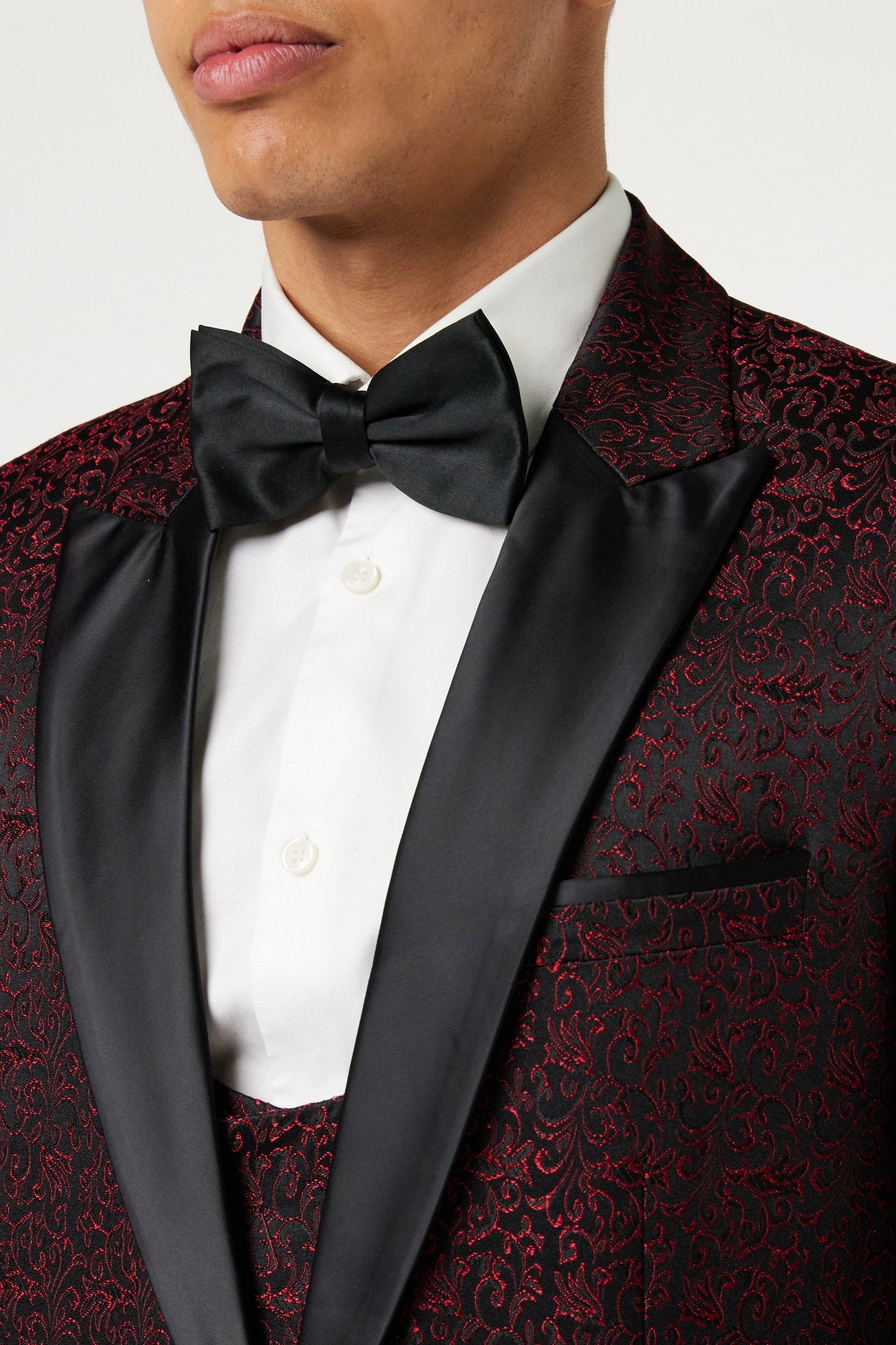 BRIAN - Floral Jacquard Print Red Tuxedo Jacket With Waistcoat