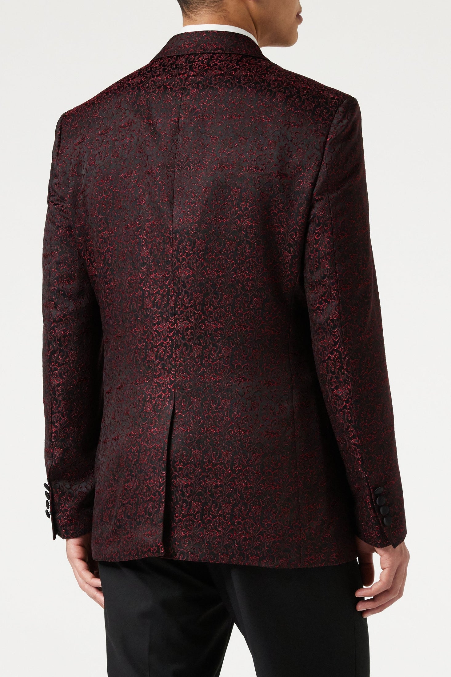 BRIAN - Floral Jacquard Print Red Tuxedo Jacket With Waistcoat