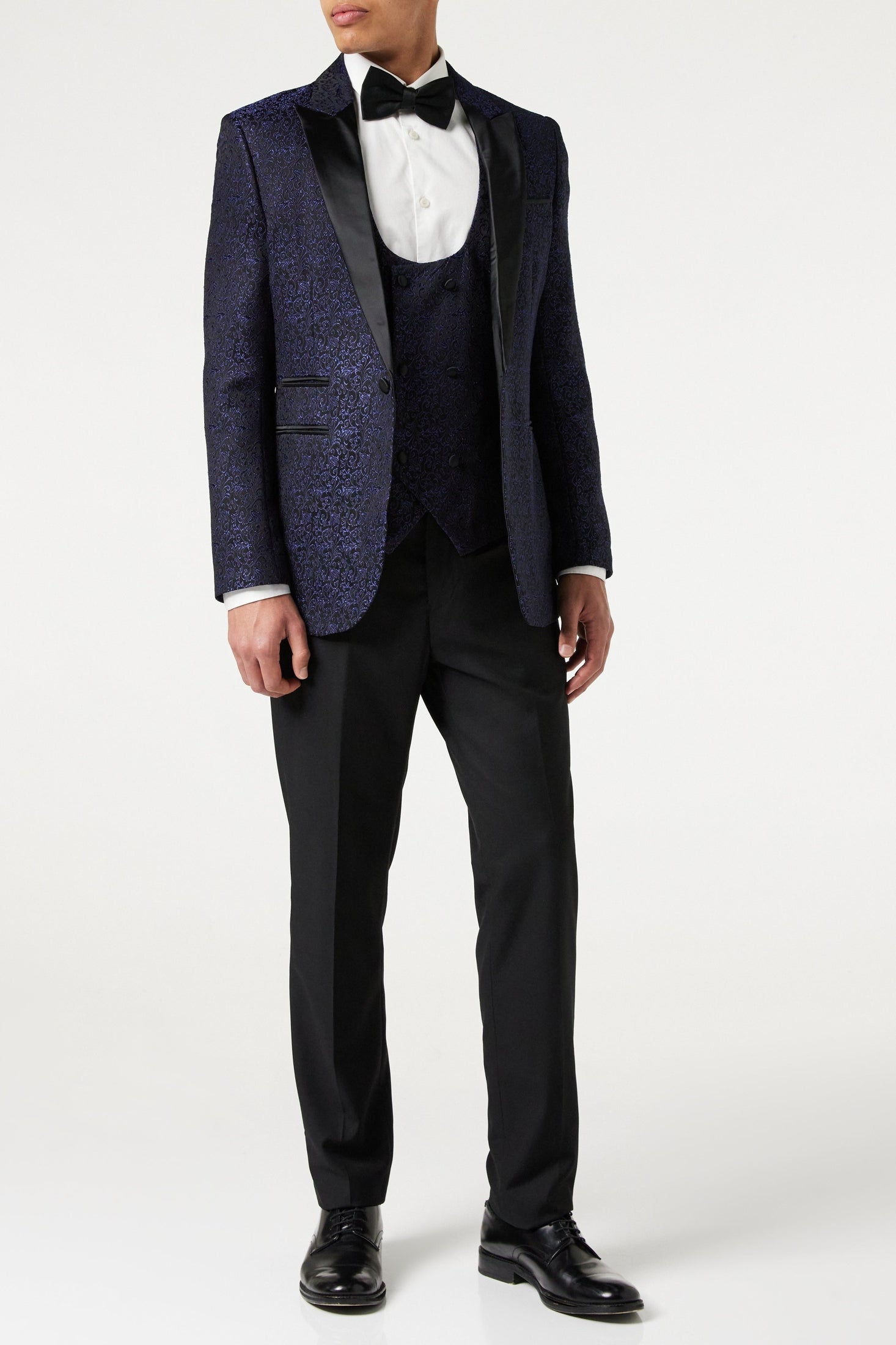 BRIAN - Floral Jacquard Print Blue Tuxedo Jacket With Waistcoat