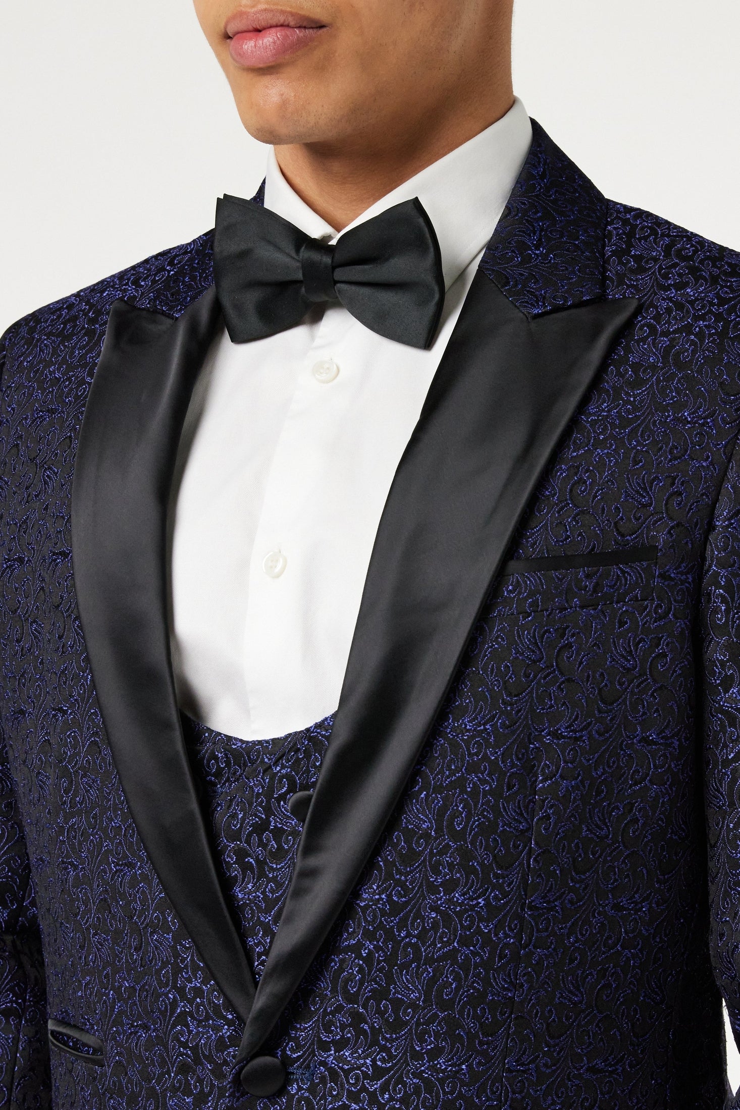 BRIAN - Floral Jacquard Print Blue Tuxedo Jacket With Waistcoat