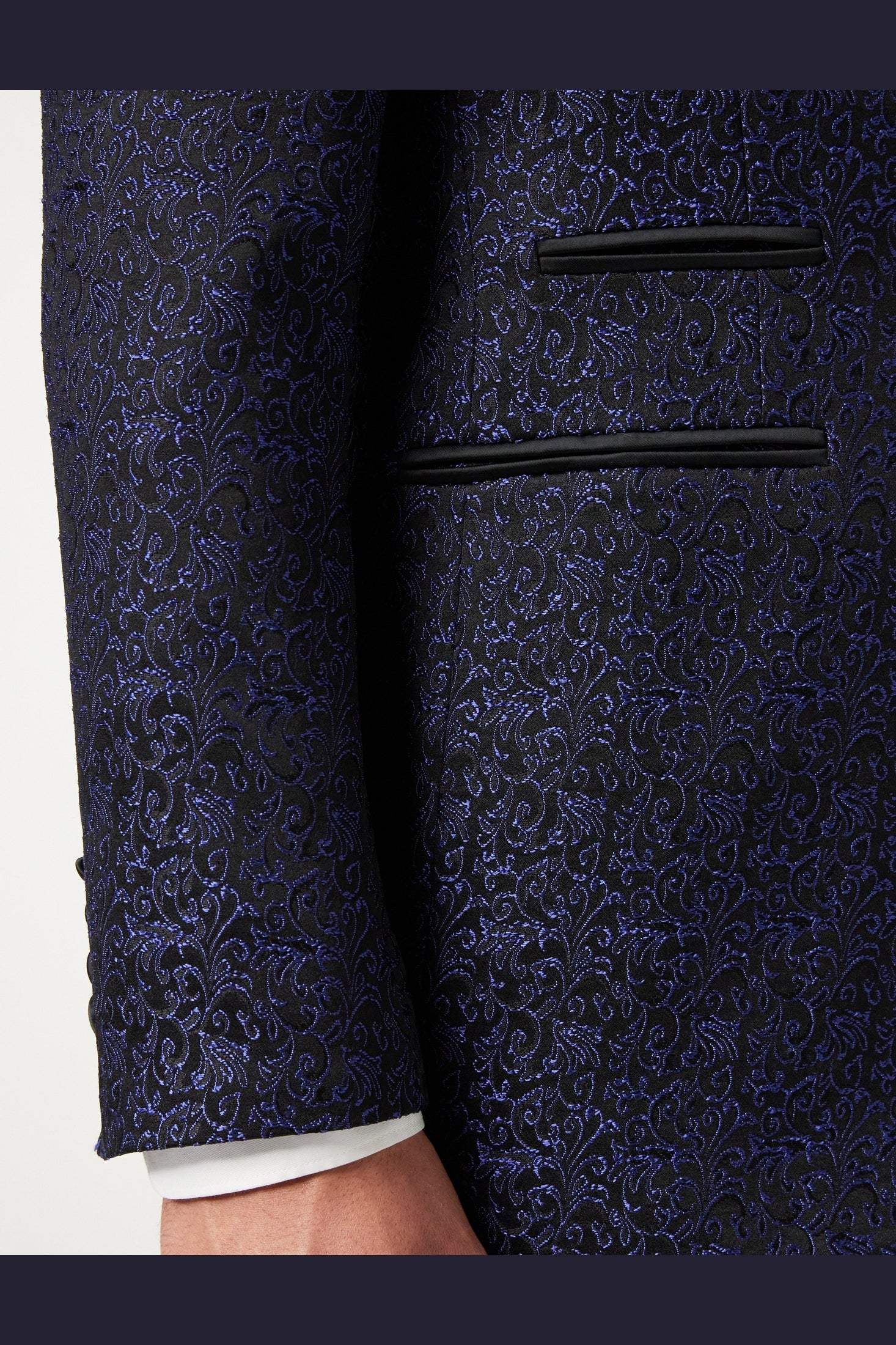 BRIAN - Floral Jacquard Print Blue Tuxedo Jacket With Waistcoat