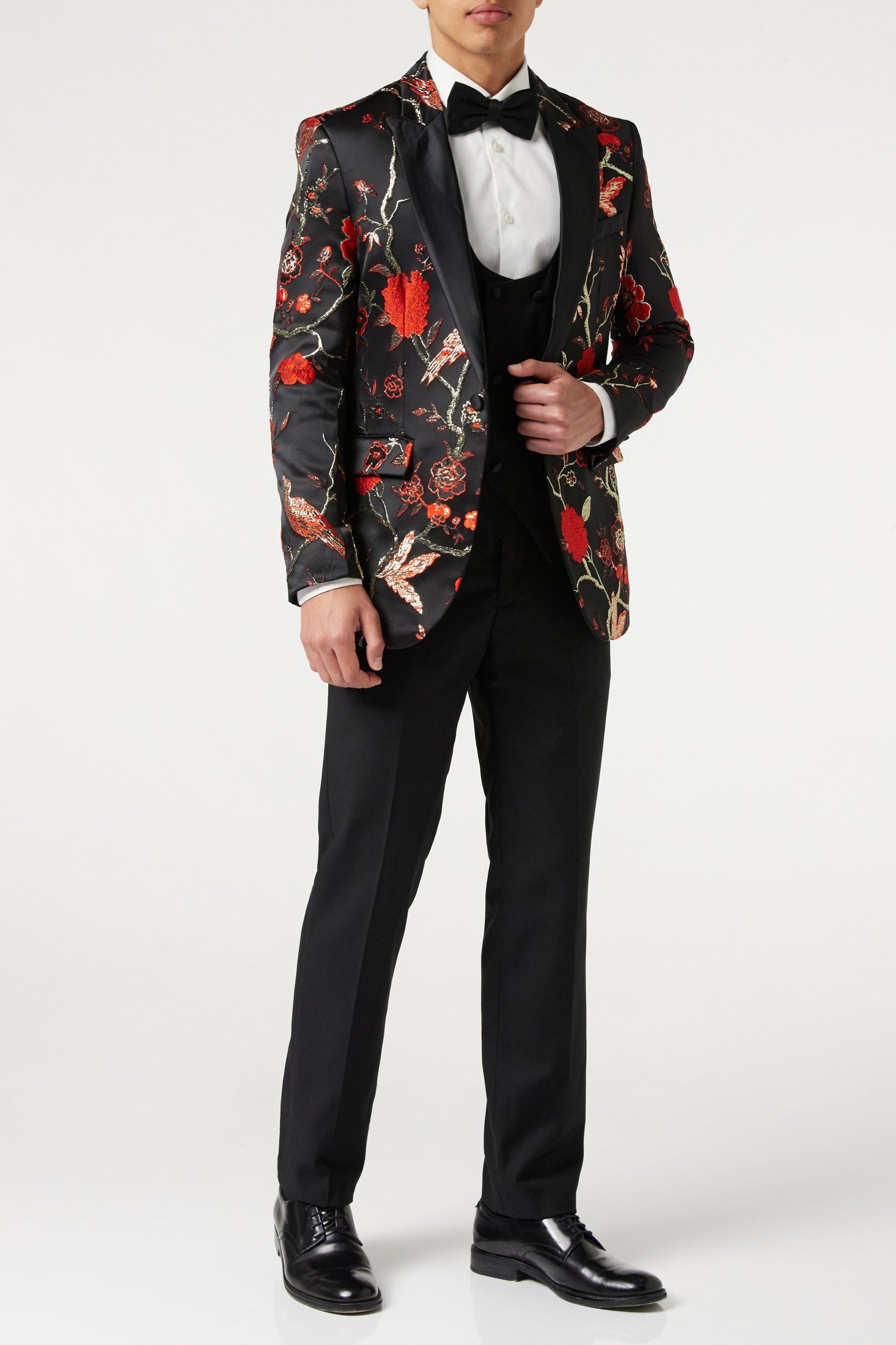 TUXEDO BLACK RED FLORAL BLAZER