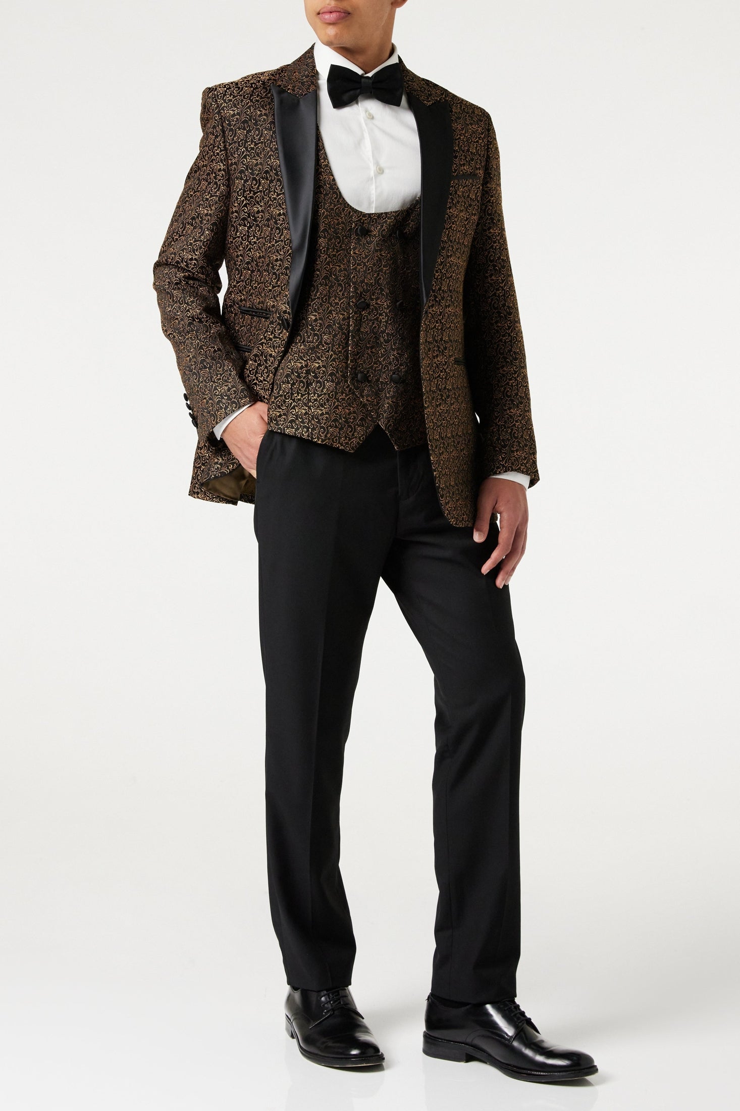 BRIAN - Floral Jacquard Print Gold Tuxedo Jacket With Waistcoat