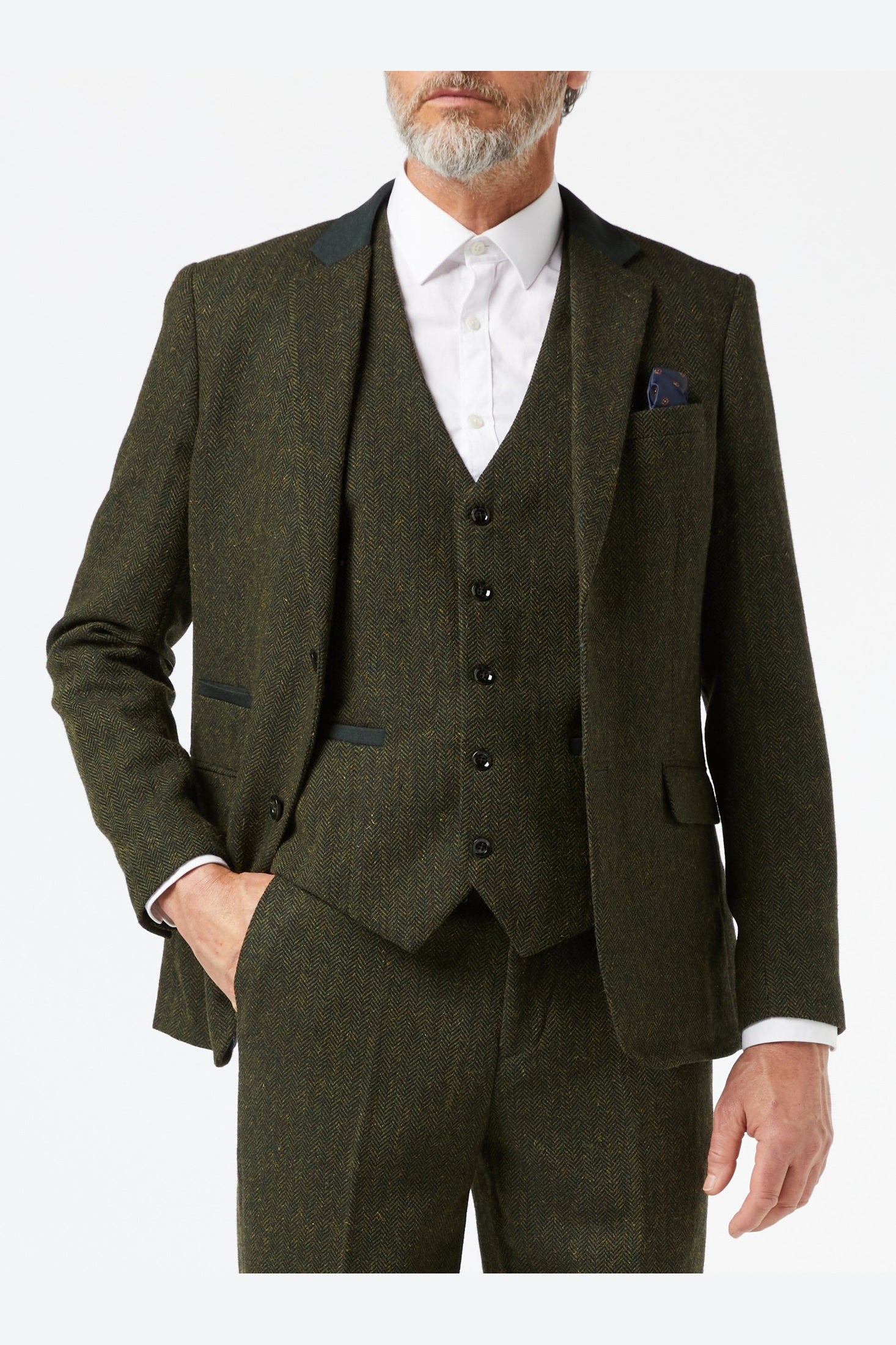 MEN'S HERRINGBONE TWEED RETRO TAILORED FIT OLIVE GREEN WAISTCOAT