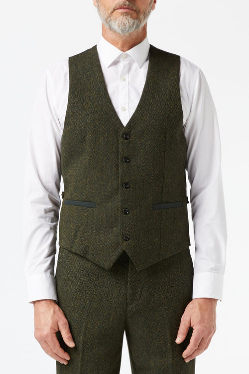 MEN'S HERRINGBONE TWEED RETRO TAILORED FIT OLIVE GREEN WAISTCOAT