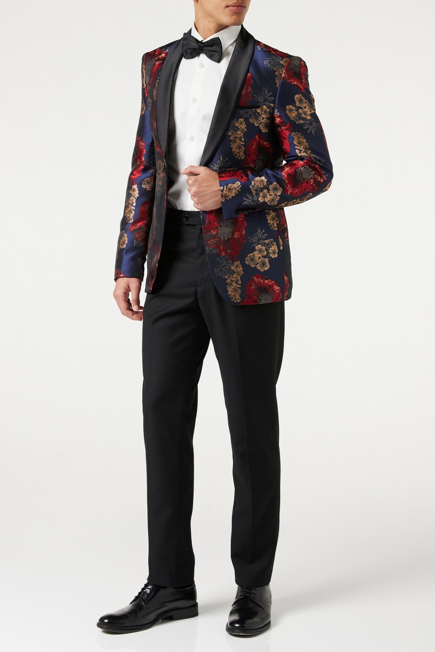 Flocked Floral Red Navy Tux Jacket