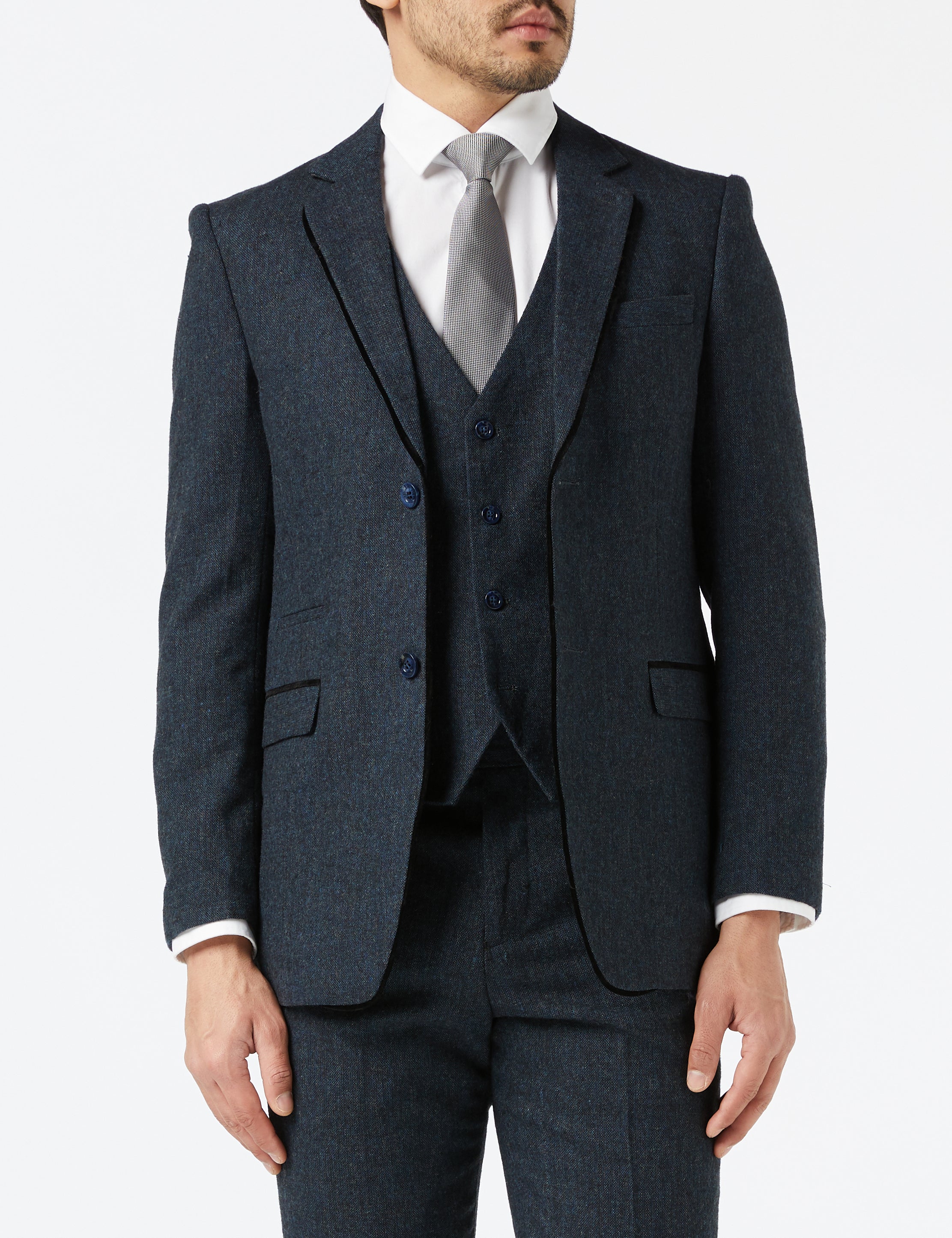 BLUE TWEED TAILORED FIT SUIT JACKET & WAISTCOAT