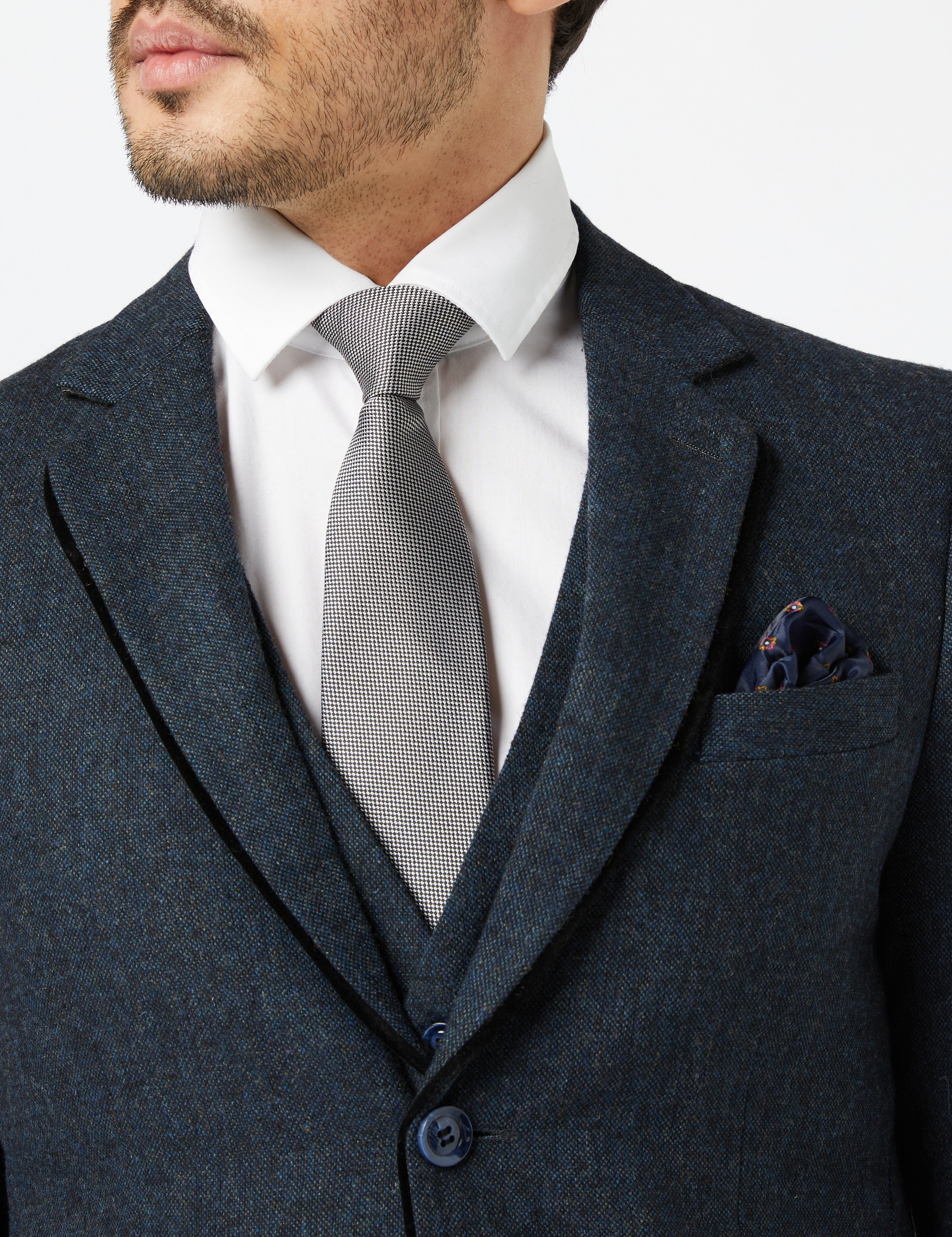 BLUE TWEED TAILORED FIT SUIT JACKET & WAISTCOAT