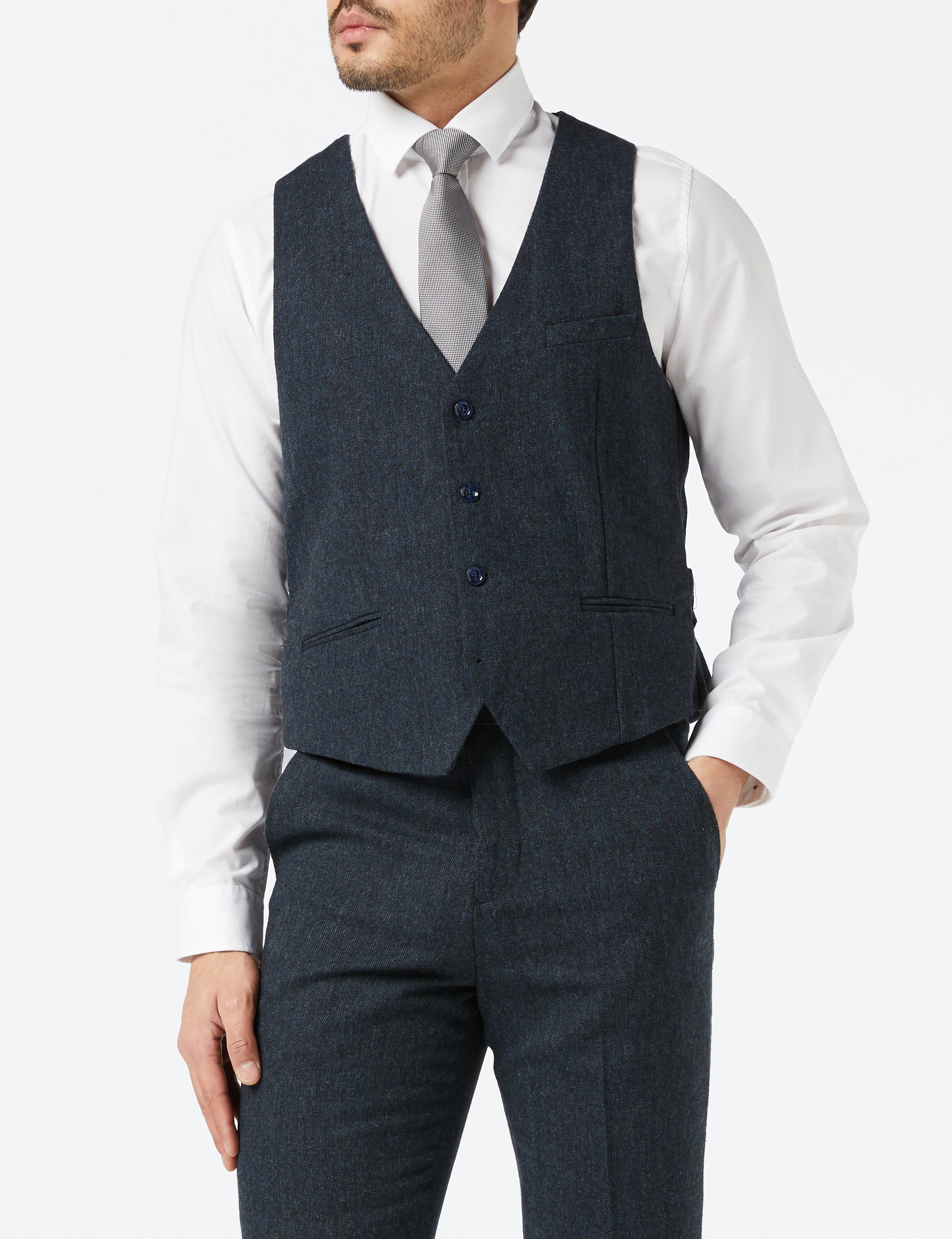 BLUE TWEED TAILORED FIT JACKET & WAISTCOAT