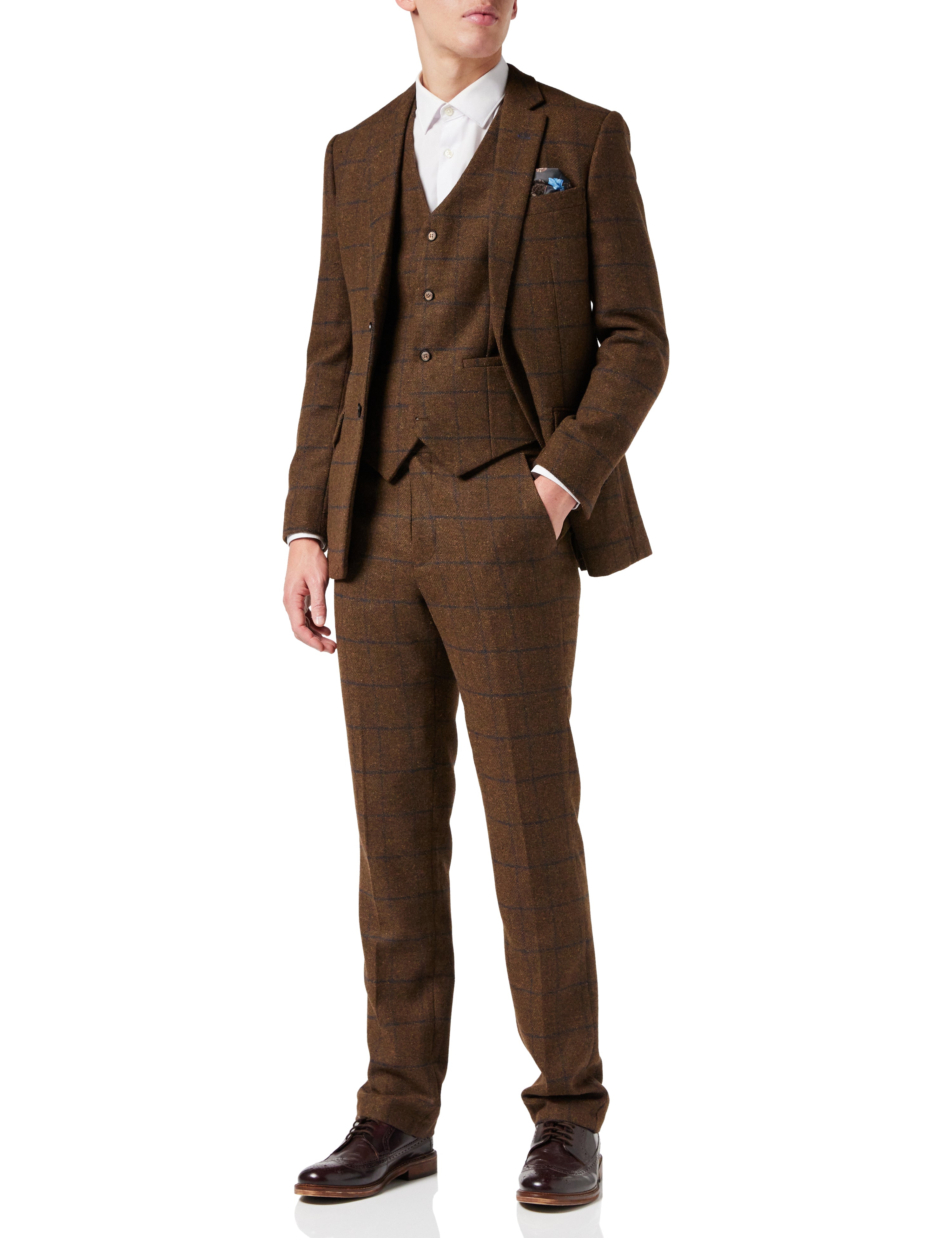 TAN TWEED NAVY CHECK SUIT JACKET & WAISTCOAT