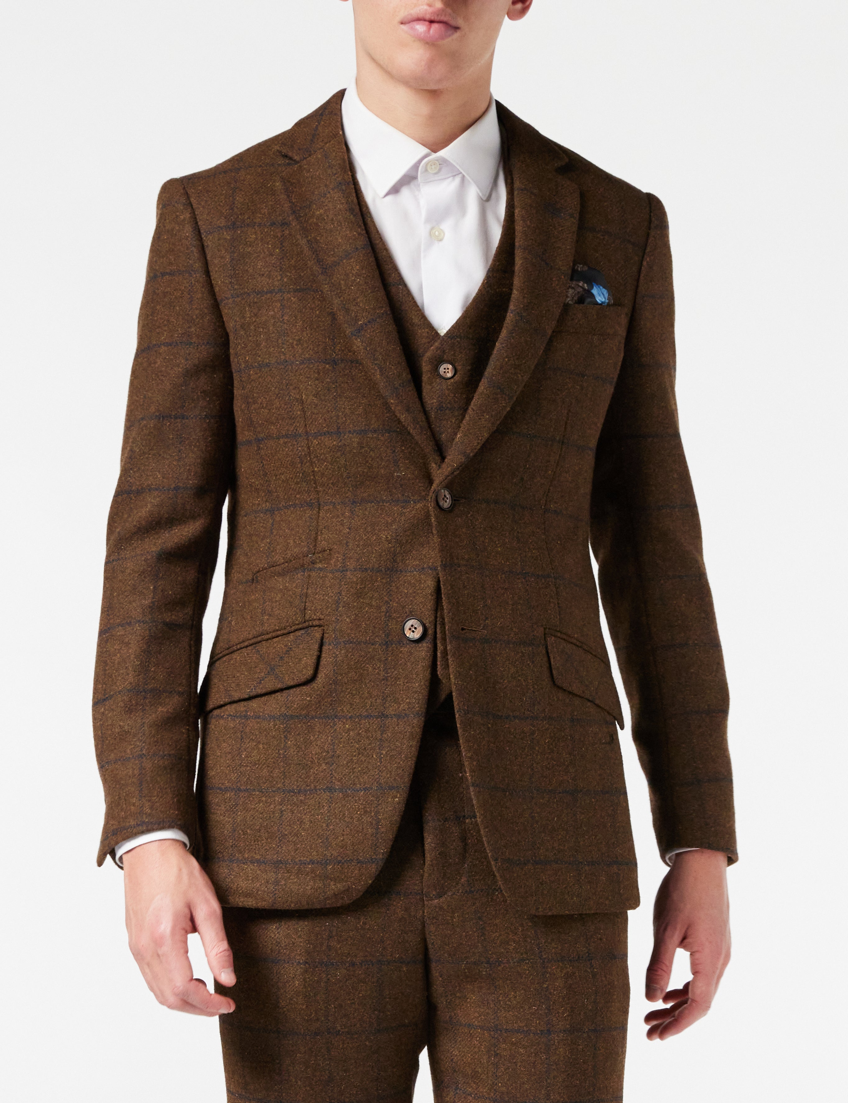 TAN TWEED NAVY CHECK SUIT JACKET & WAISTCOAT