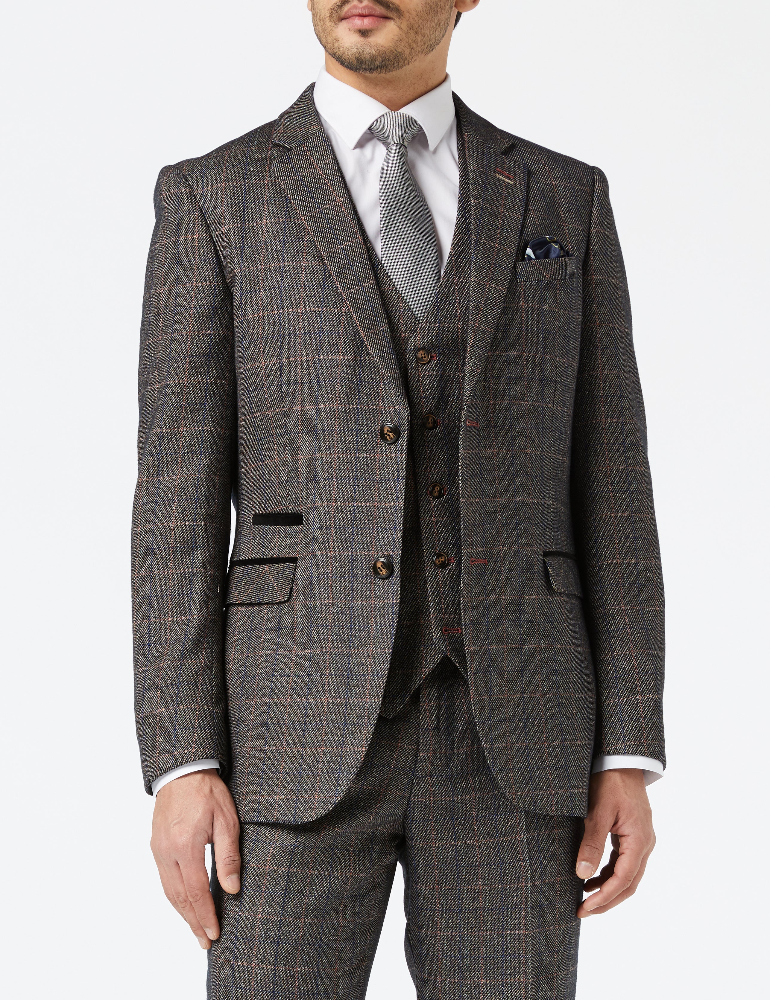 JULES - BROWN TWEED CHECK SUIT JACKET & WAISTCOAT