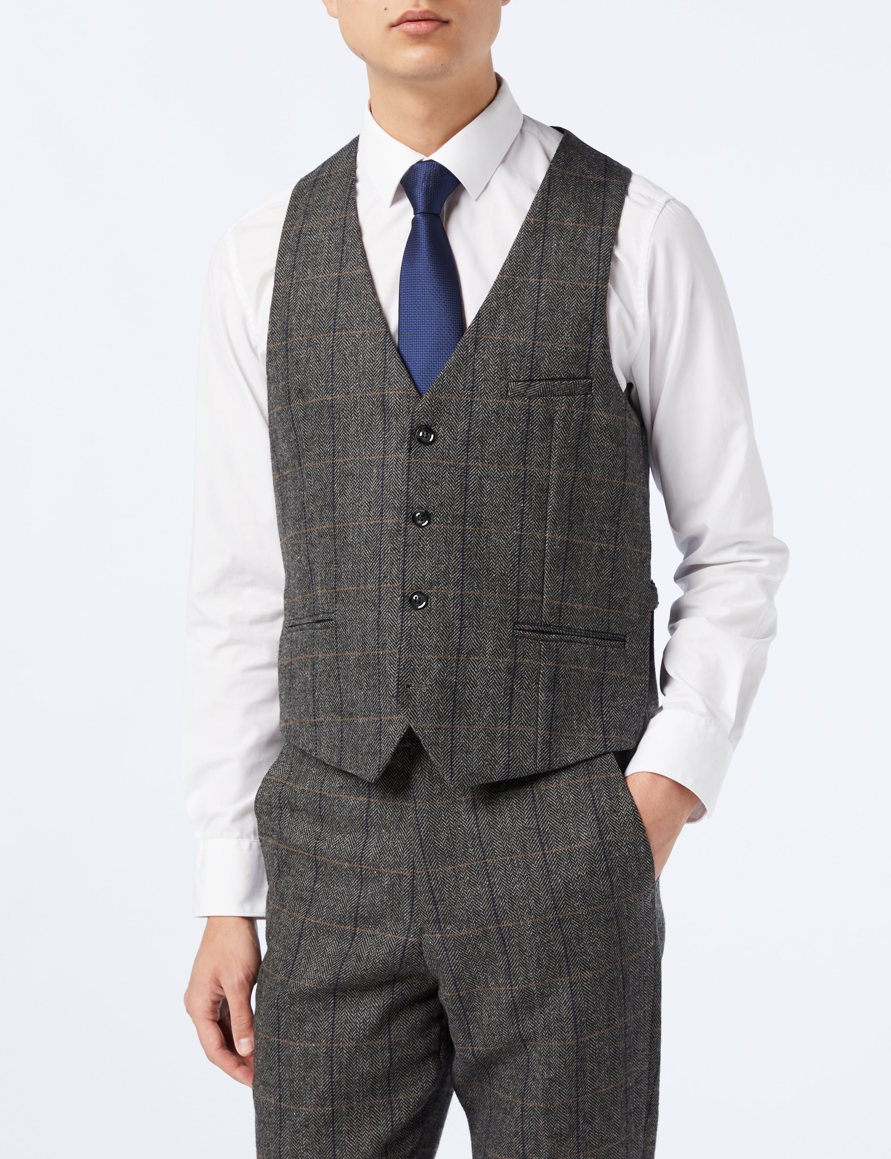 TWEED CHECK HERRINGBONE GREY SUIT JACKET & WAISTCOAT