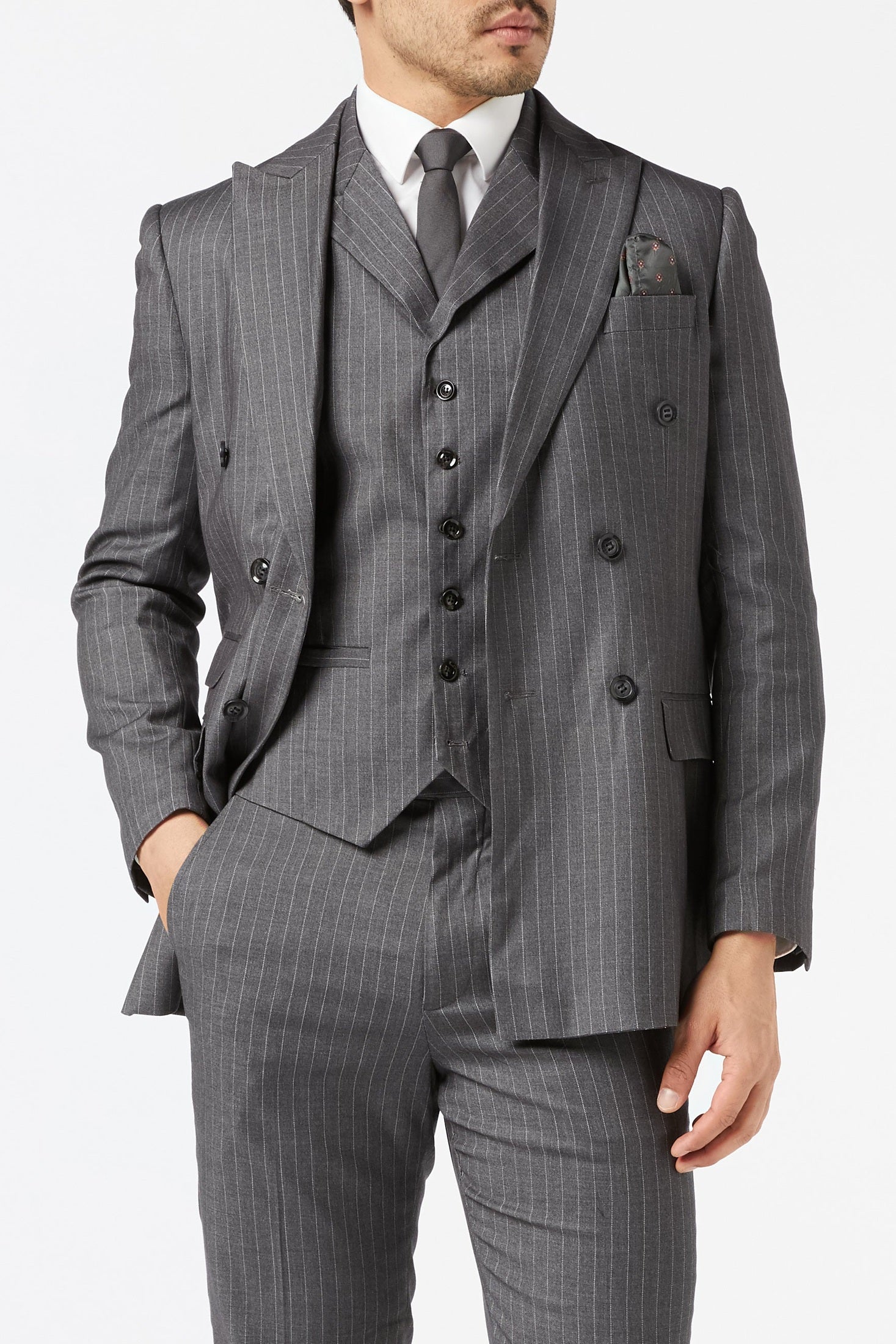 Mens Grey White Pinstripe Retro Waistcoat