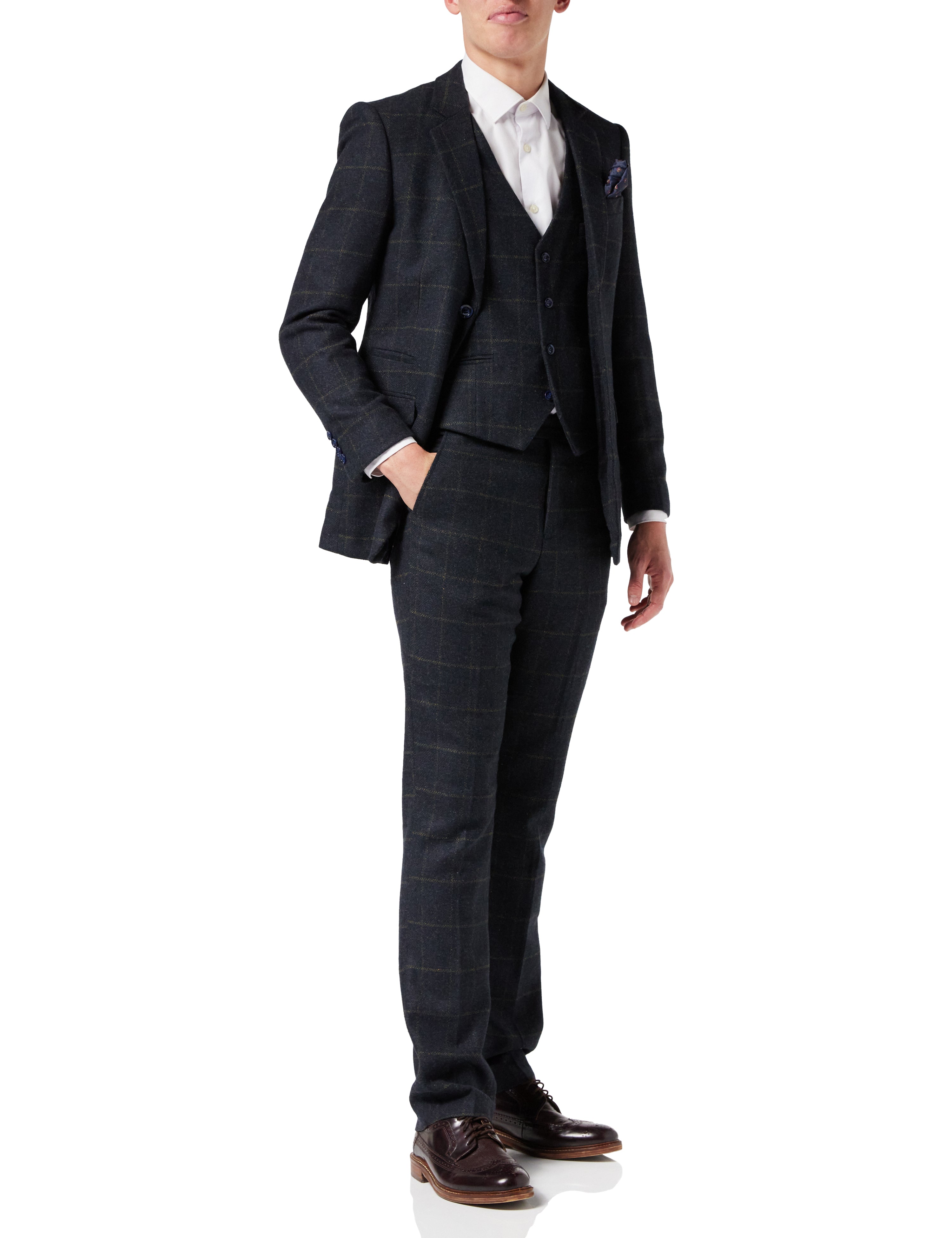 TWEED NAVY CHECK SUIT JACKET & WAISTCOAT