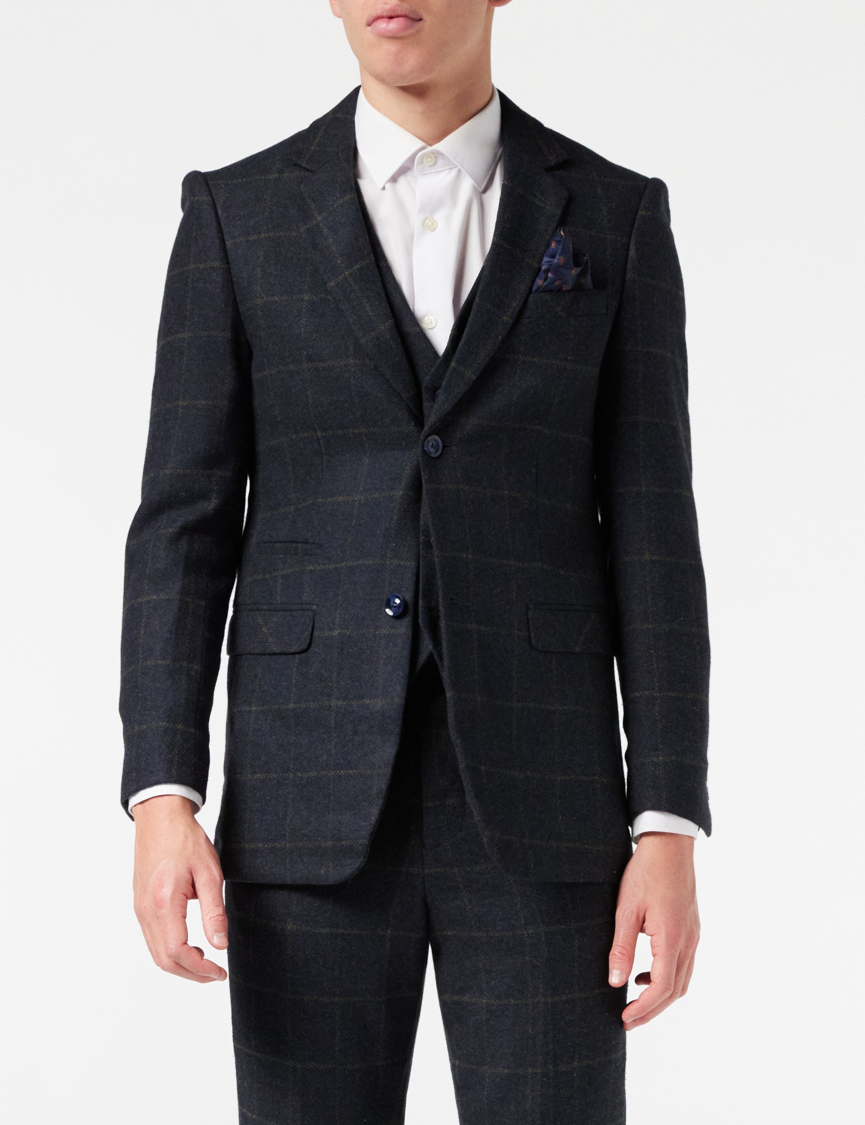 TWEED NAVY CHECK SUIT JACKET & WAISTCOAT