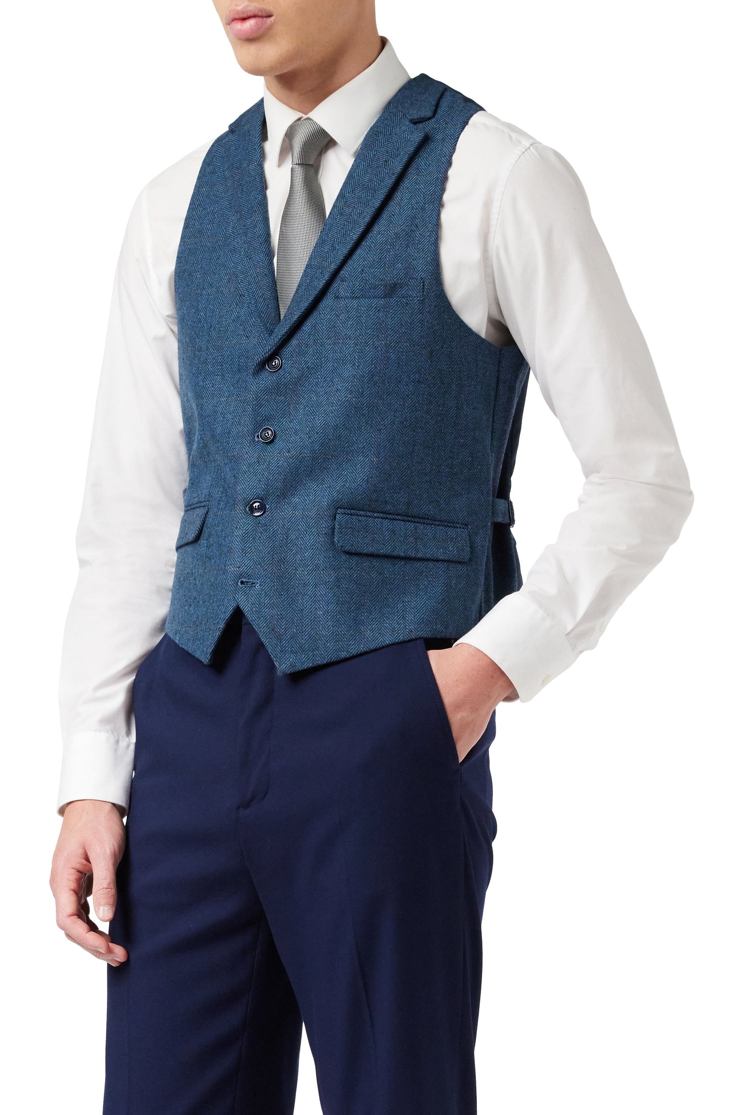 KANO - HERRINGBONE CHECK TWEED NAVY WAISTCOAT