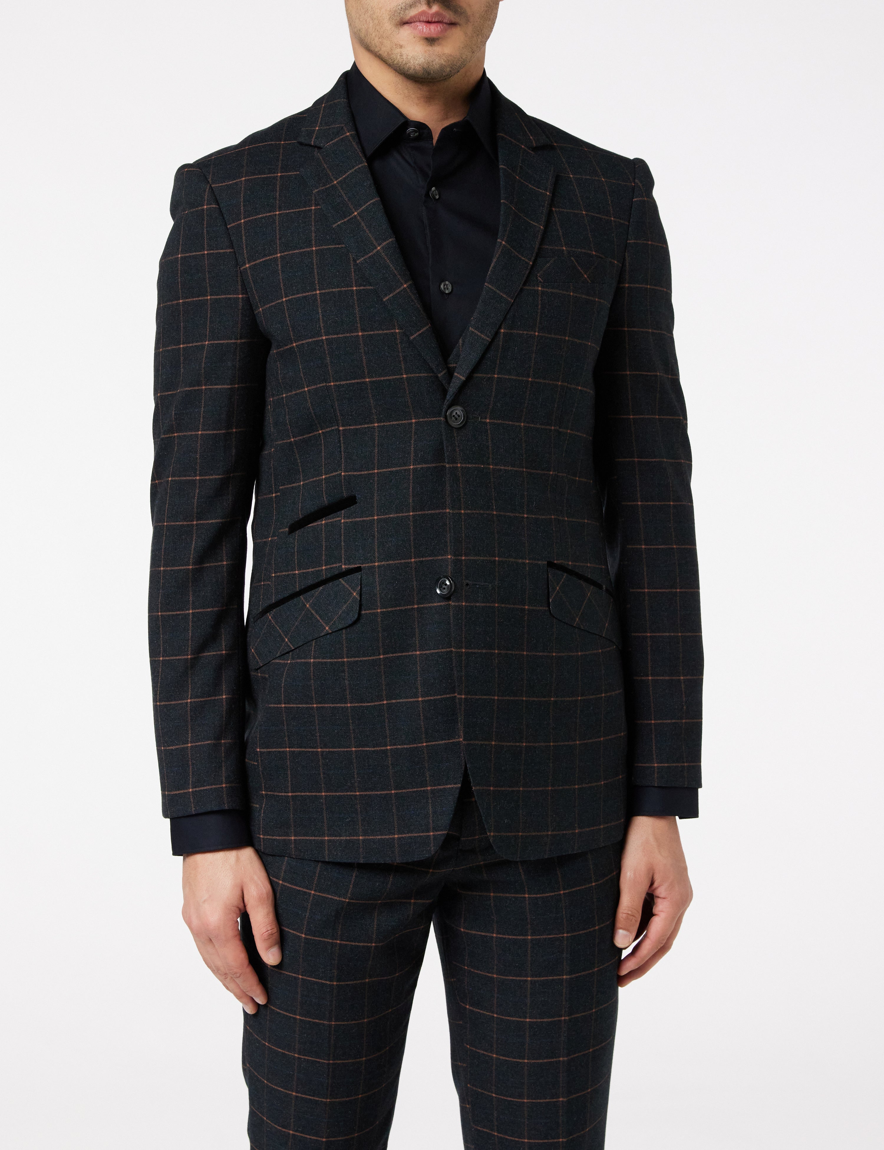 ORANGE GRID CHECK ON BLACK SUIT JACKET & WAISTCOAT