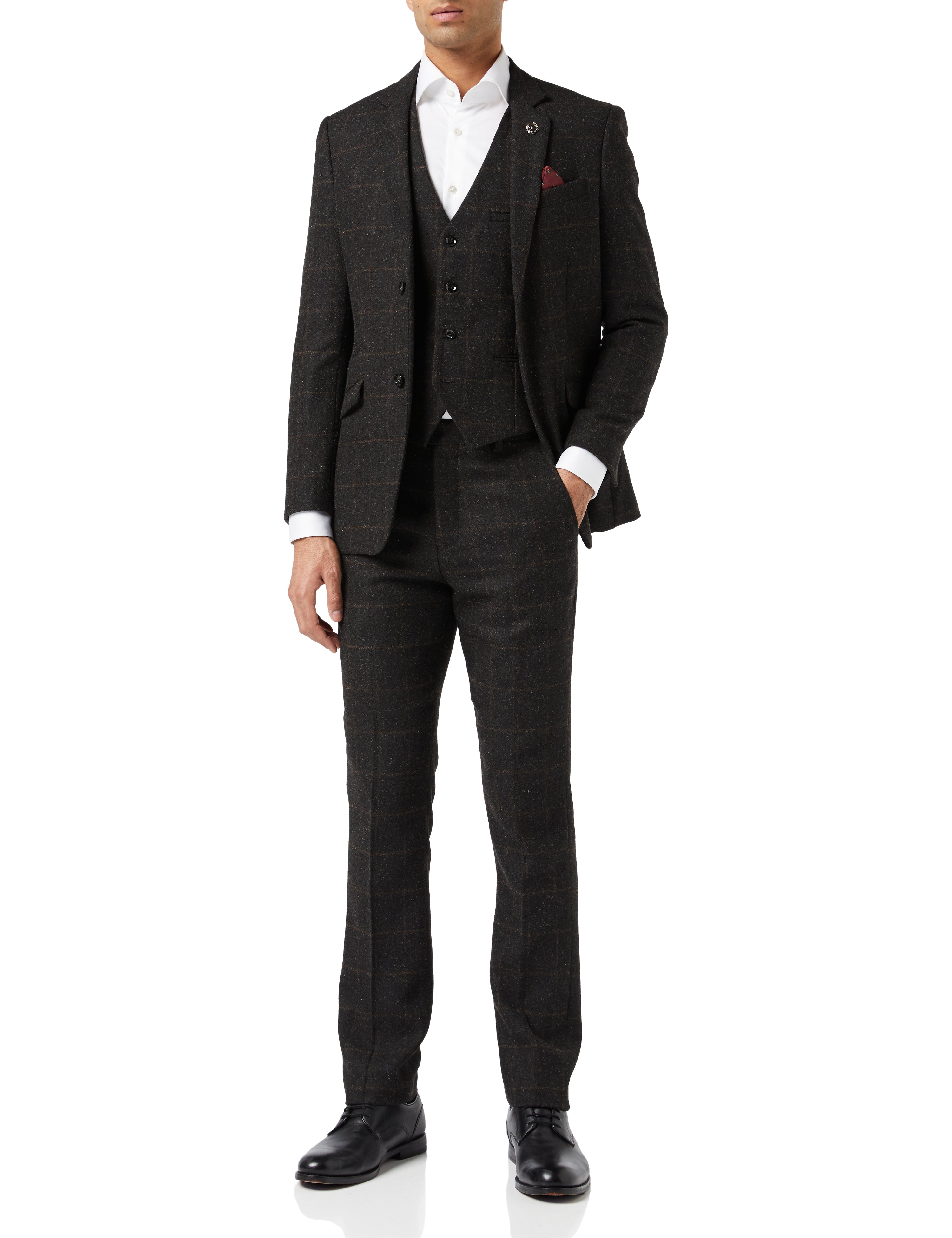 VESTE &amp; GILET DE COSTUME TWEED CHEVRONS GRIS NOIR A CARREAUX