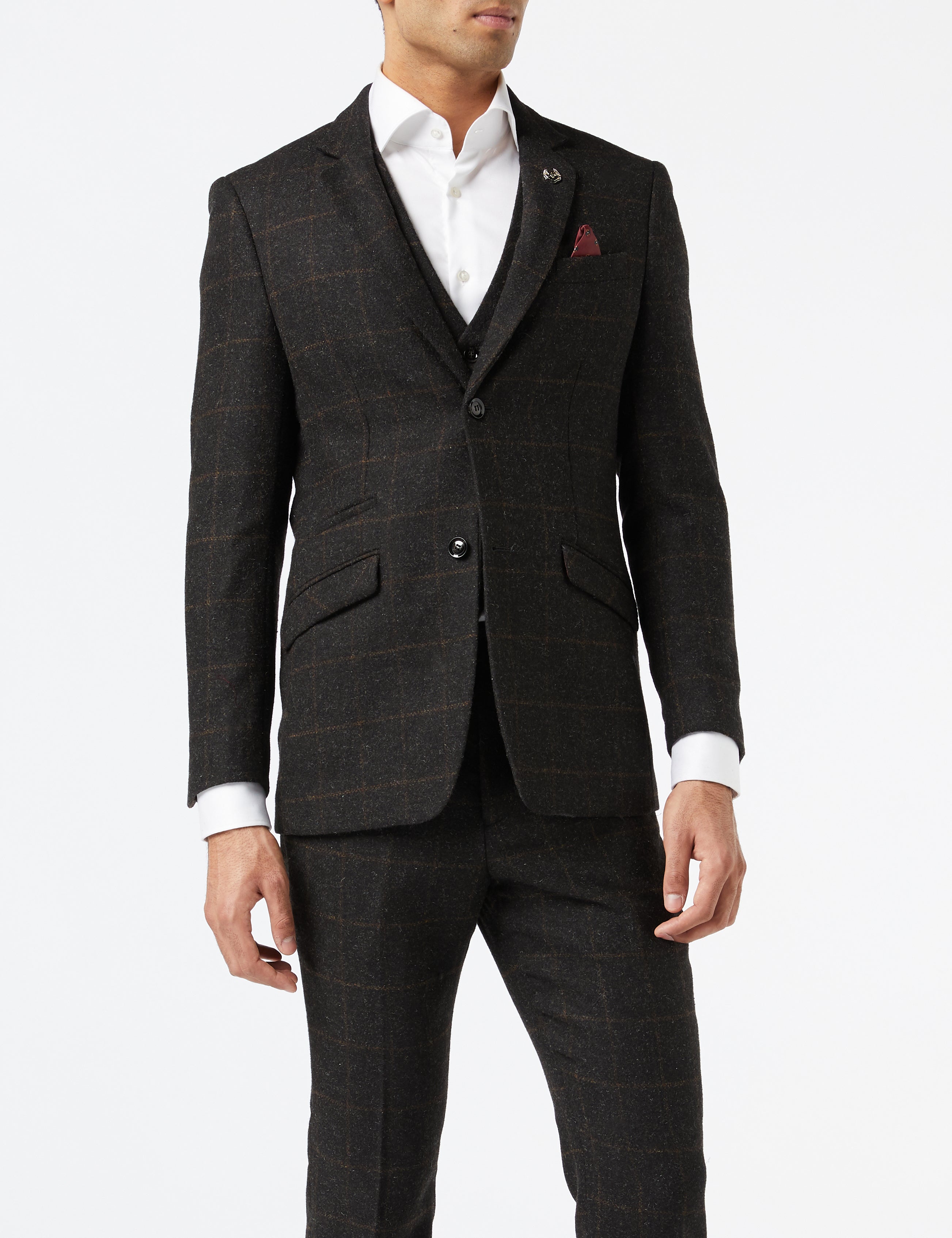 HERRINGBONE TWEED GREY BLACK CHECK SUIT JACKET & WAISTCOAT