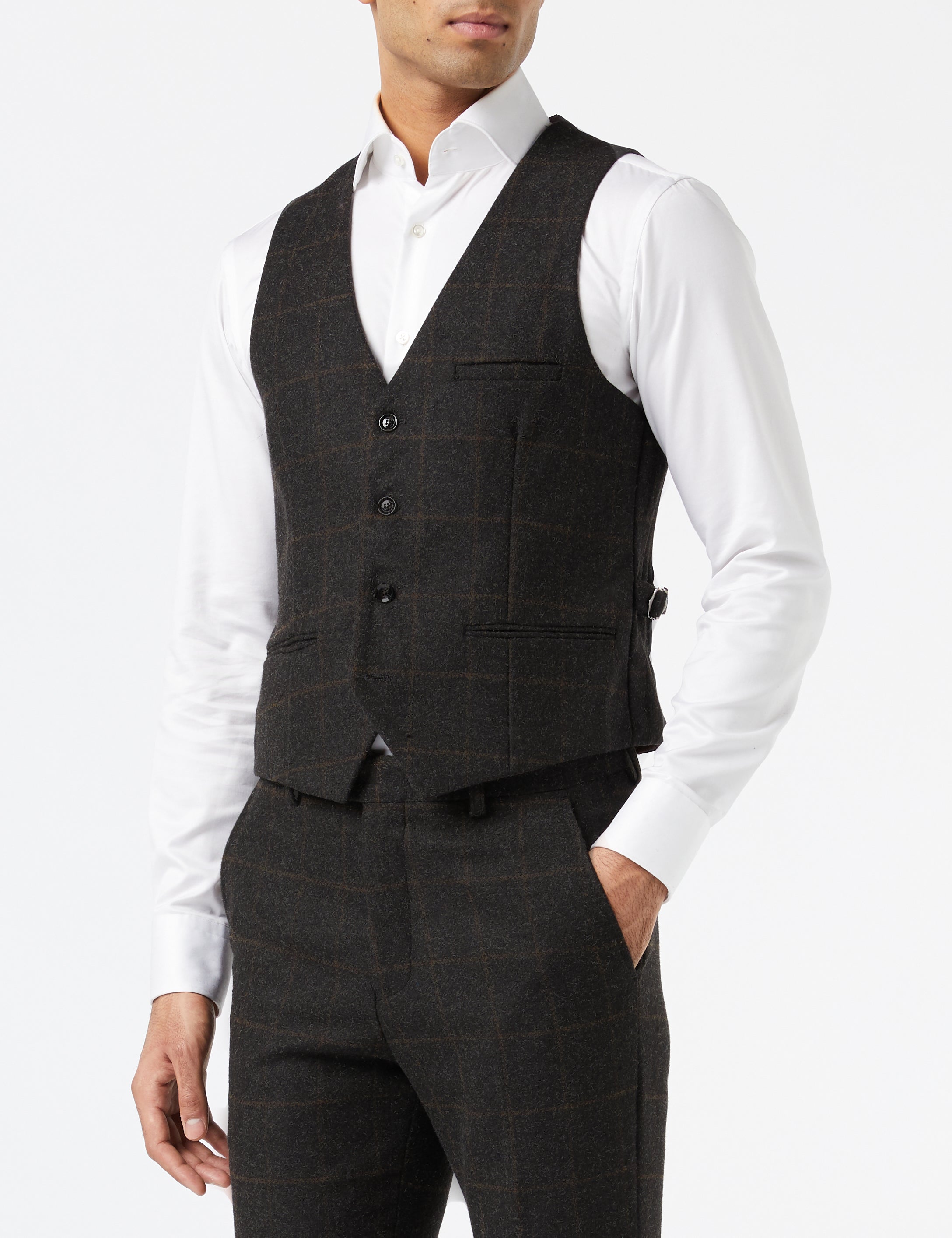 VESTE &amp; GILET DE COSTUME TWEED CHEVRONS GRIS NOIR A CARREAUX