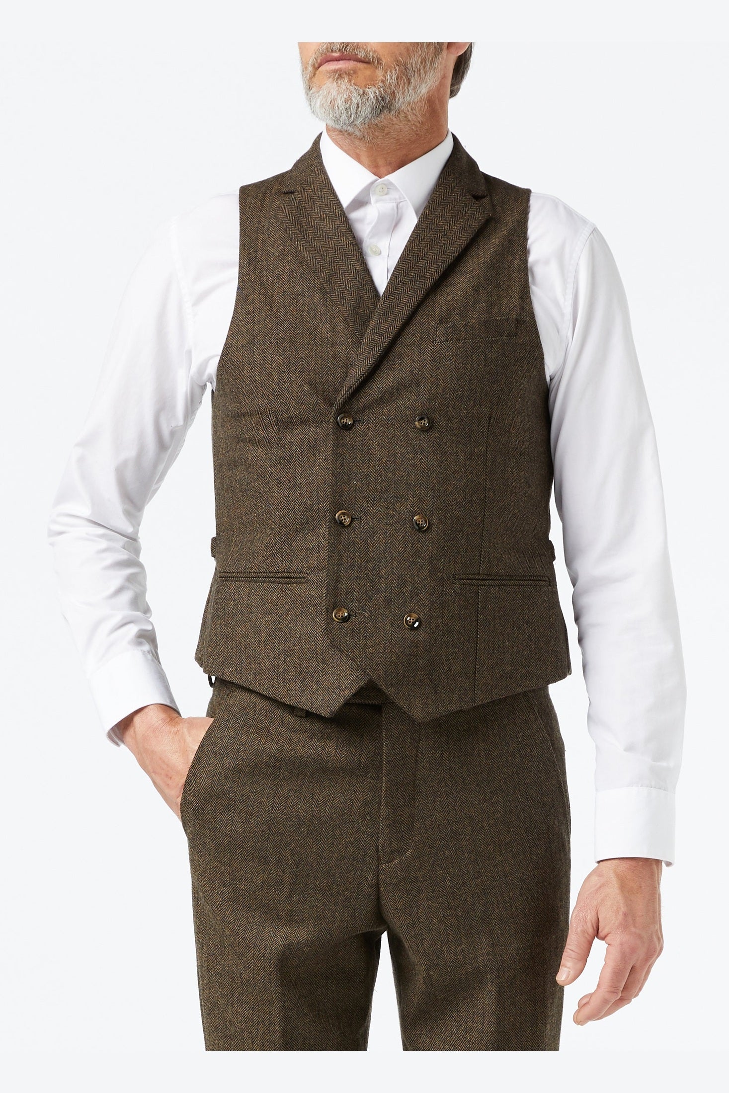 JAX - MEN'S HERRINGBONE BROWN TWEED CLASSIC TAILORED FIT SUIT WAISTCOAT