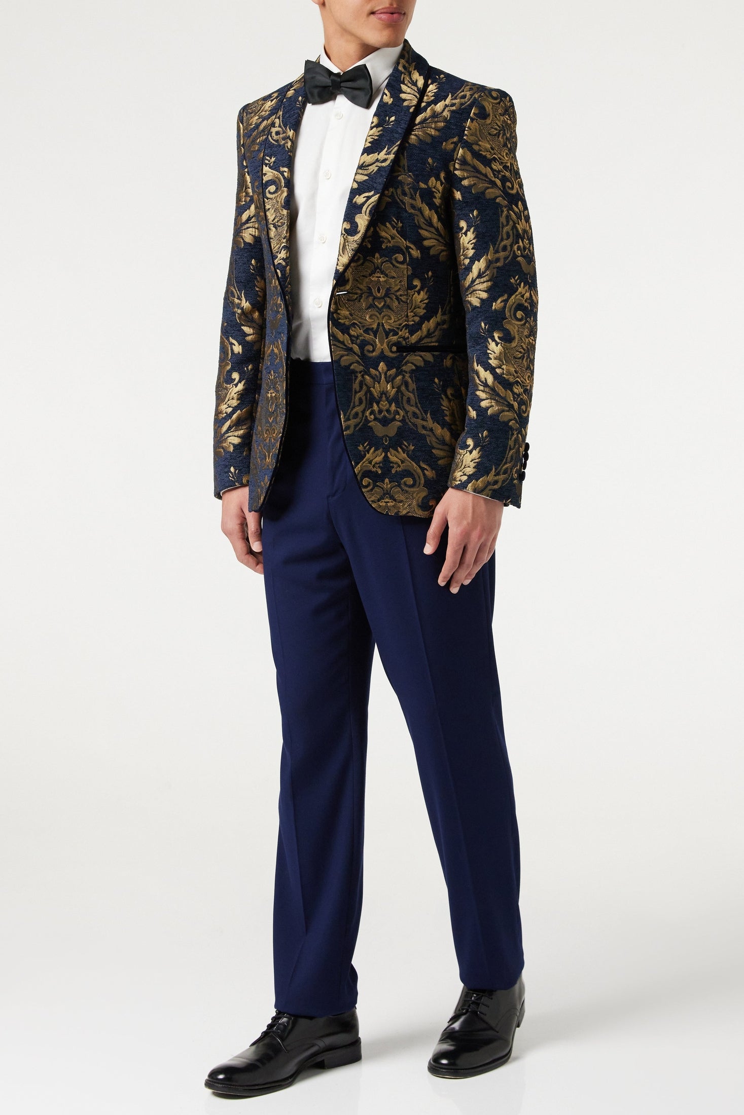 GLEN - Gold Brocade on Flocked Navy Velvet Jacquard Blazer