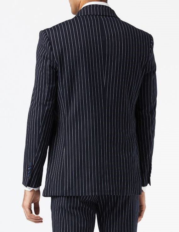 ALFRED – BLAZER BLEU MARINE À DOUBLE BOUTONNAGE À FINES RAYURES