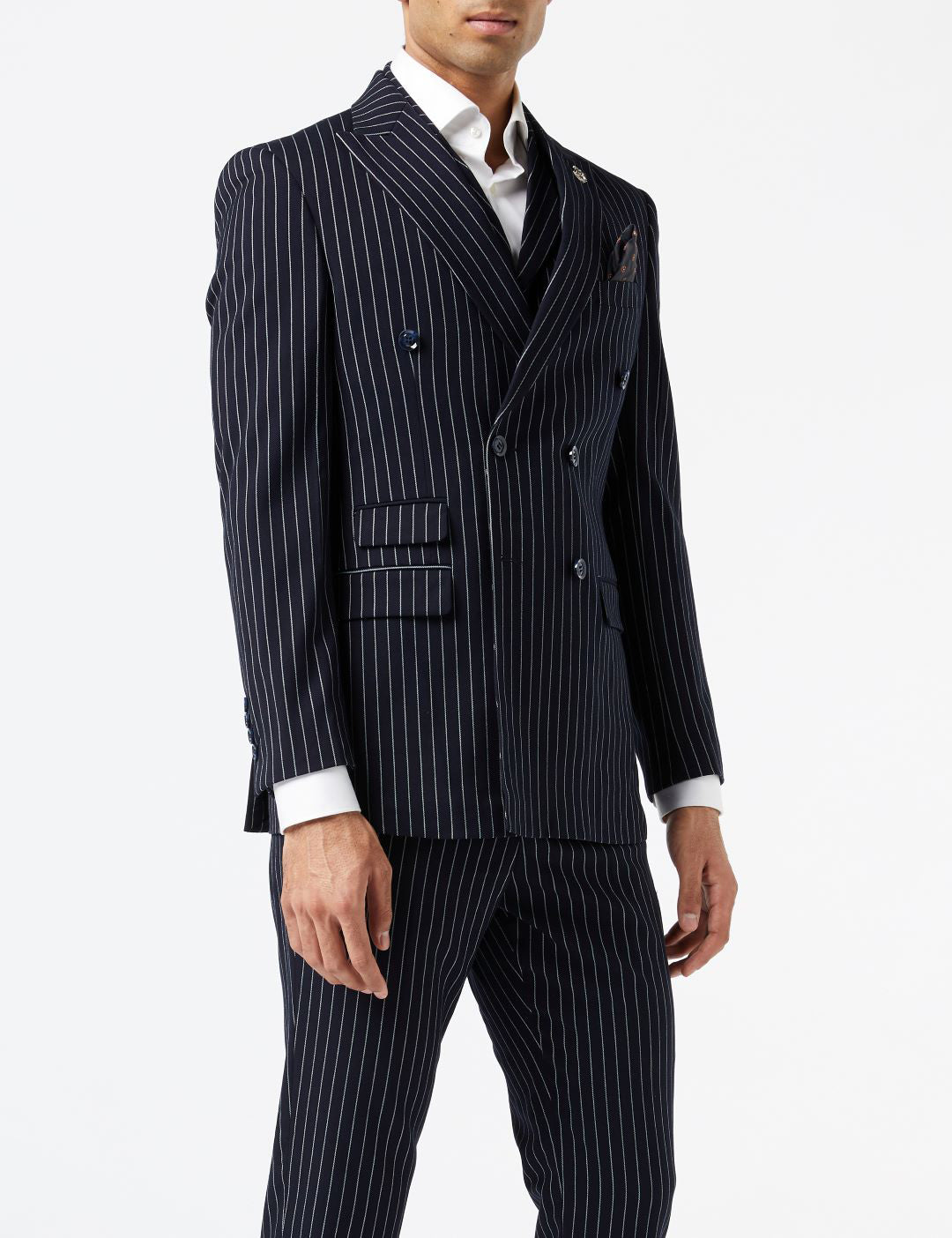 ALFRED – BLAZER BLEU MARINE À DOUBLE BOUTONNAGE À FINES RAYURES