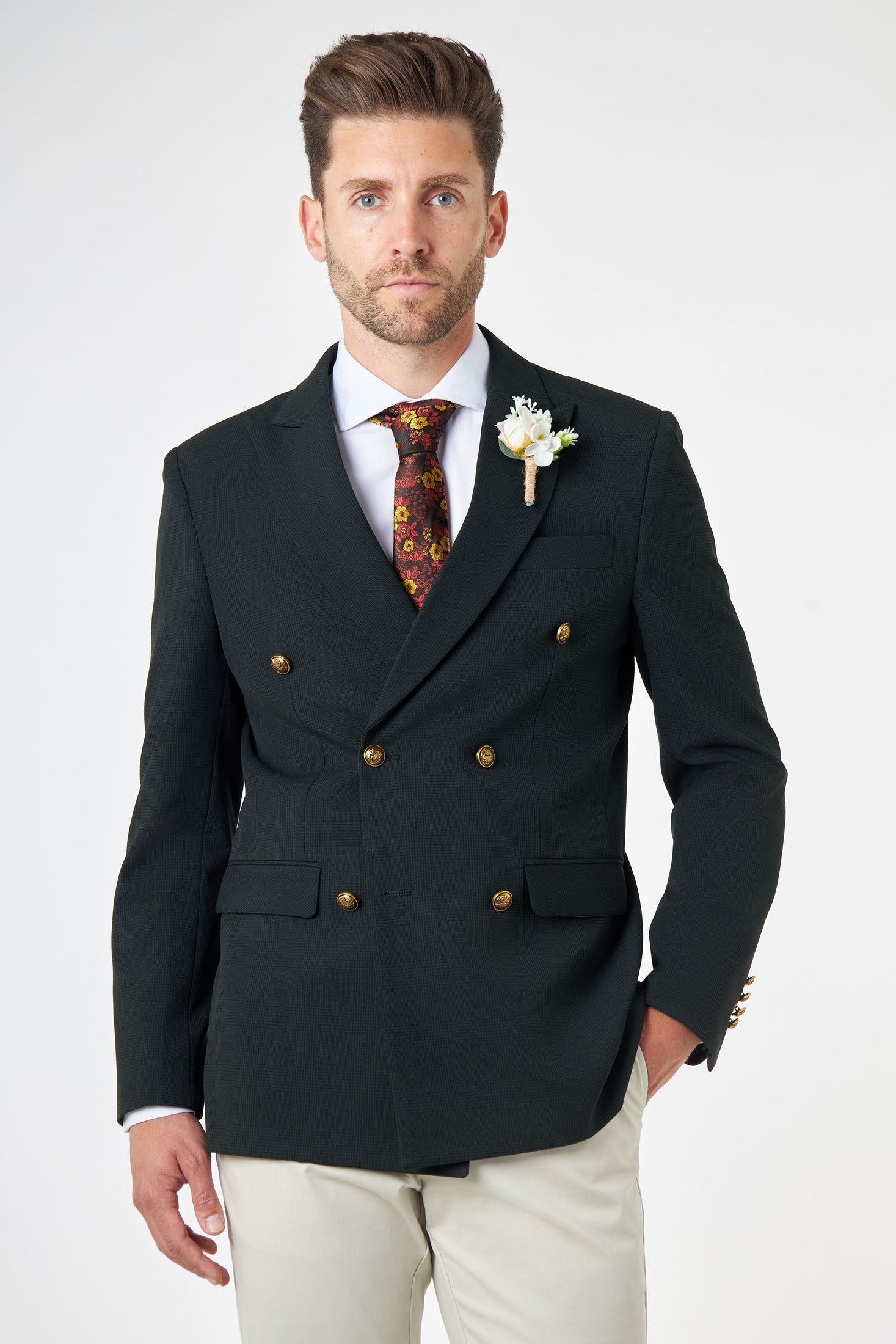 FINLEY – Olive Green Prince of Wales Check Double Breasted Jacket