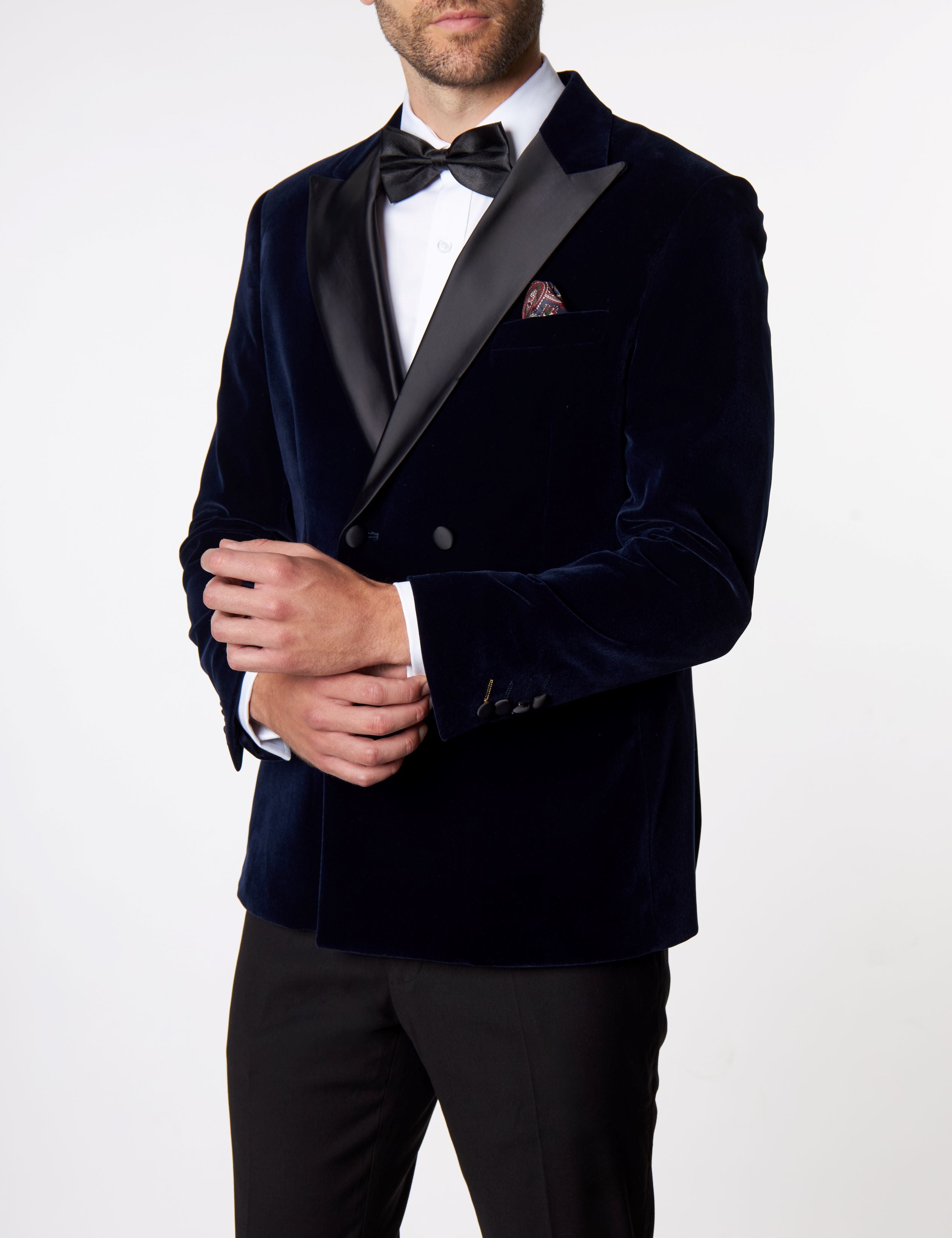 SMITH-NAVY TUXEDO DOUBLE BREASTED VELVET BLAZER