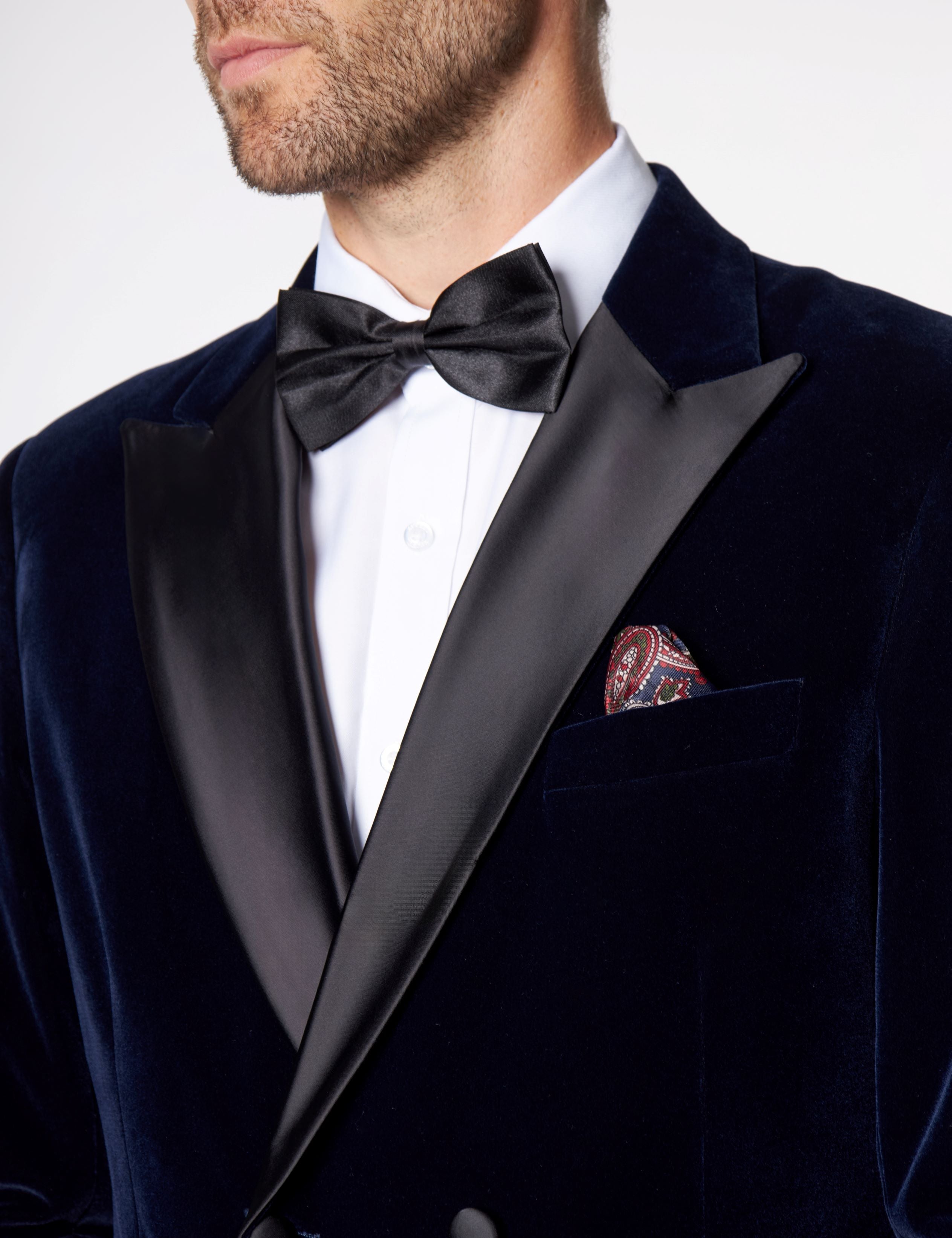 SMITH-NAVY TUXEDO DOUBLE BREASTED VELVET BLAZER