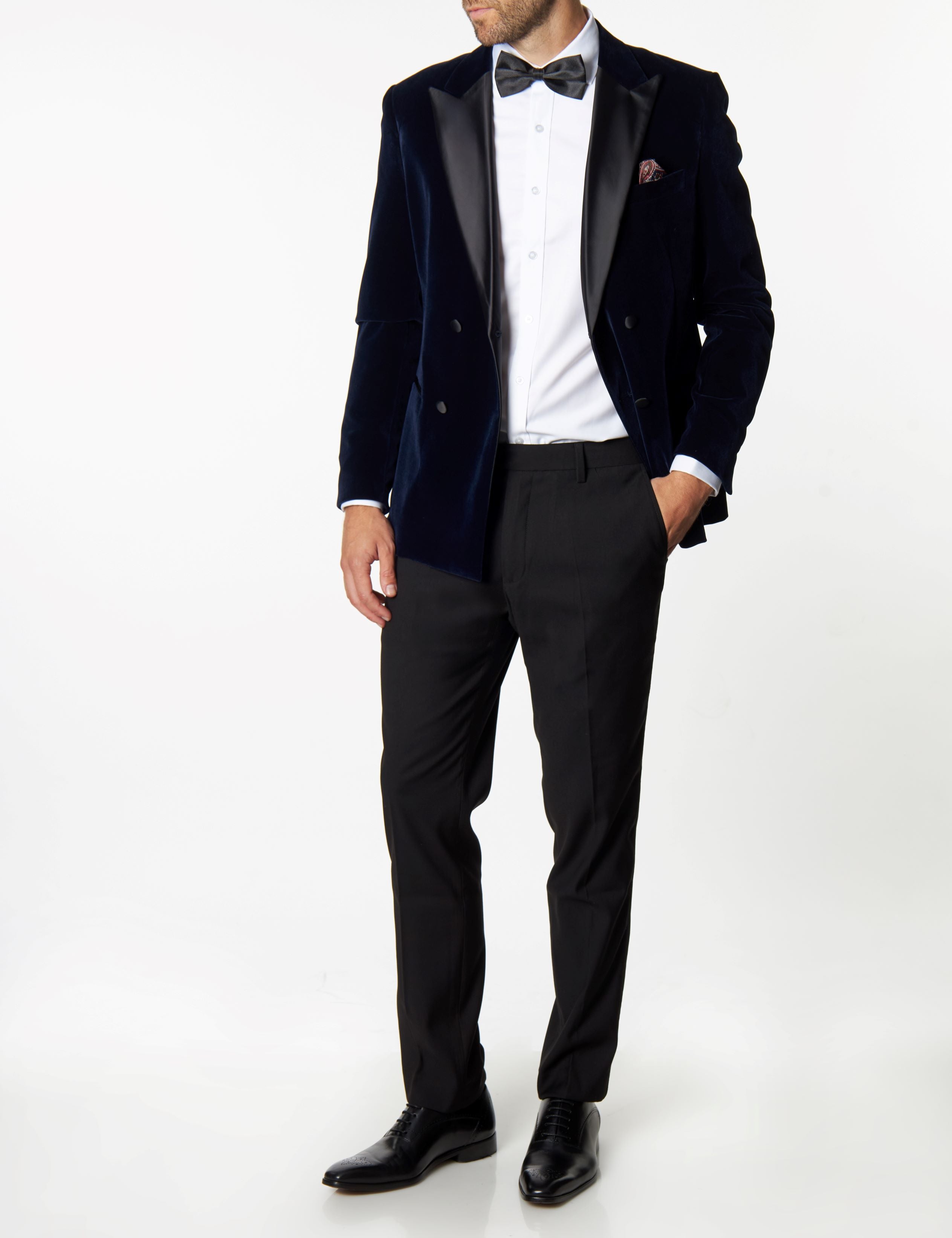 SMITH-NAVY TUXEDO DOUBLE BREASTED VELVET BLAZER