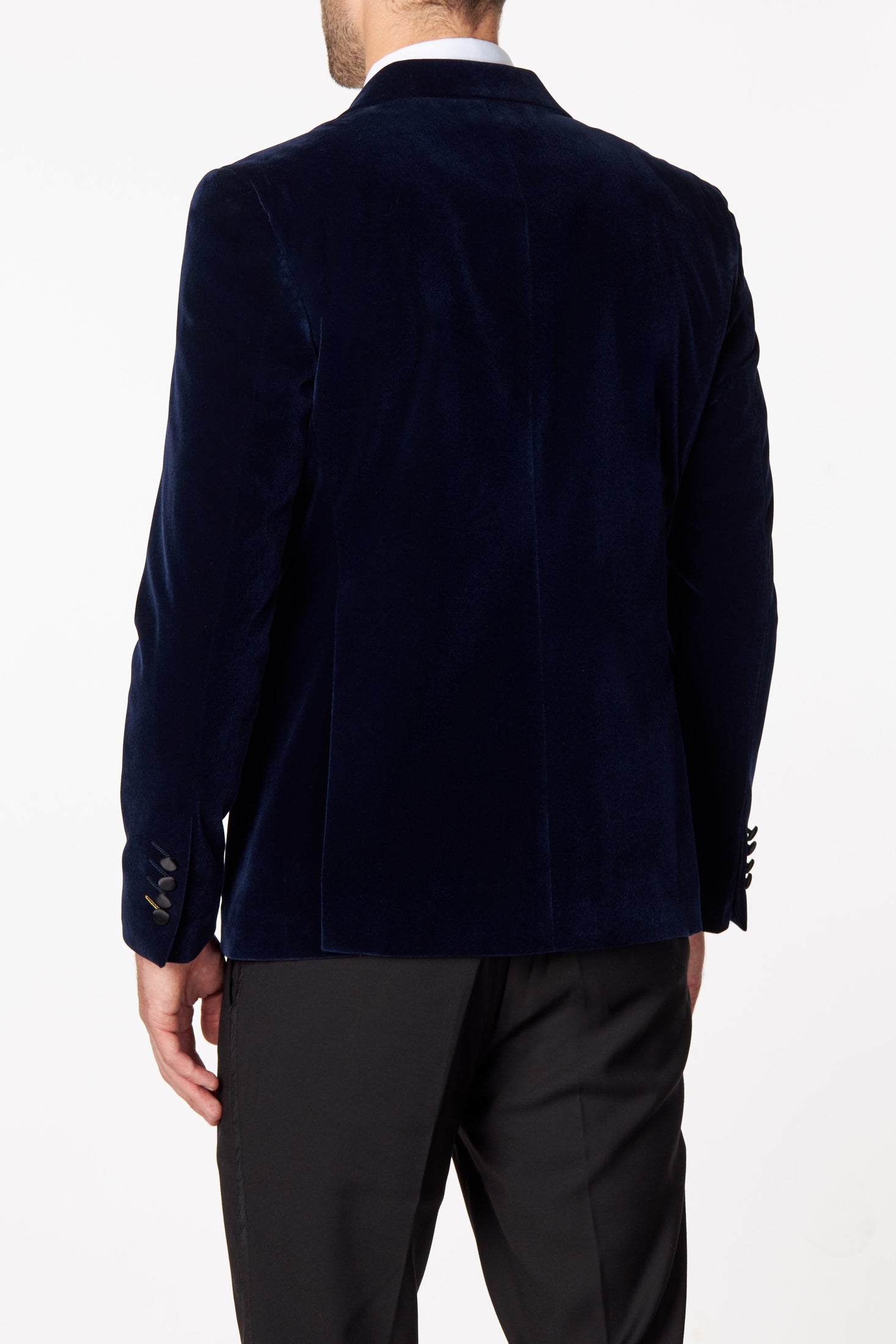 SMITH-NAVY TUXEDO DOUBLE BREASTED VELVET BLAZER