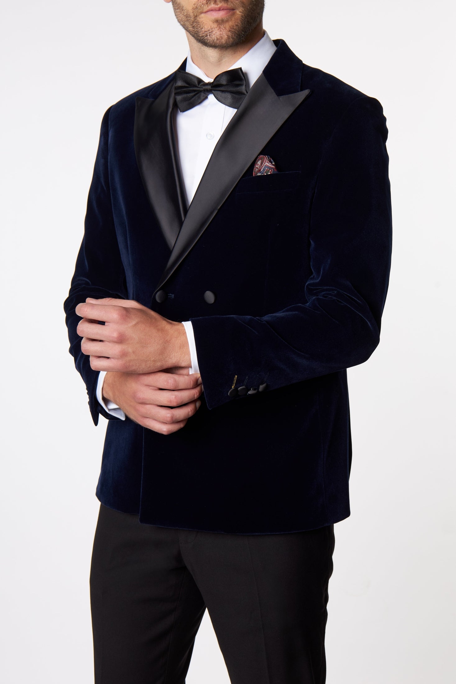 SMITH-NAVY TUXEDO DOUBLE BREASTED VELVET BLAZER