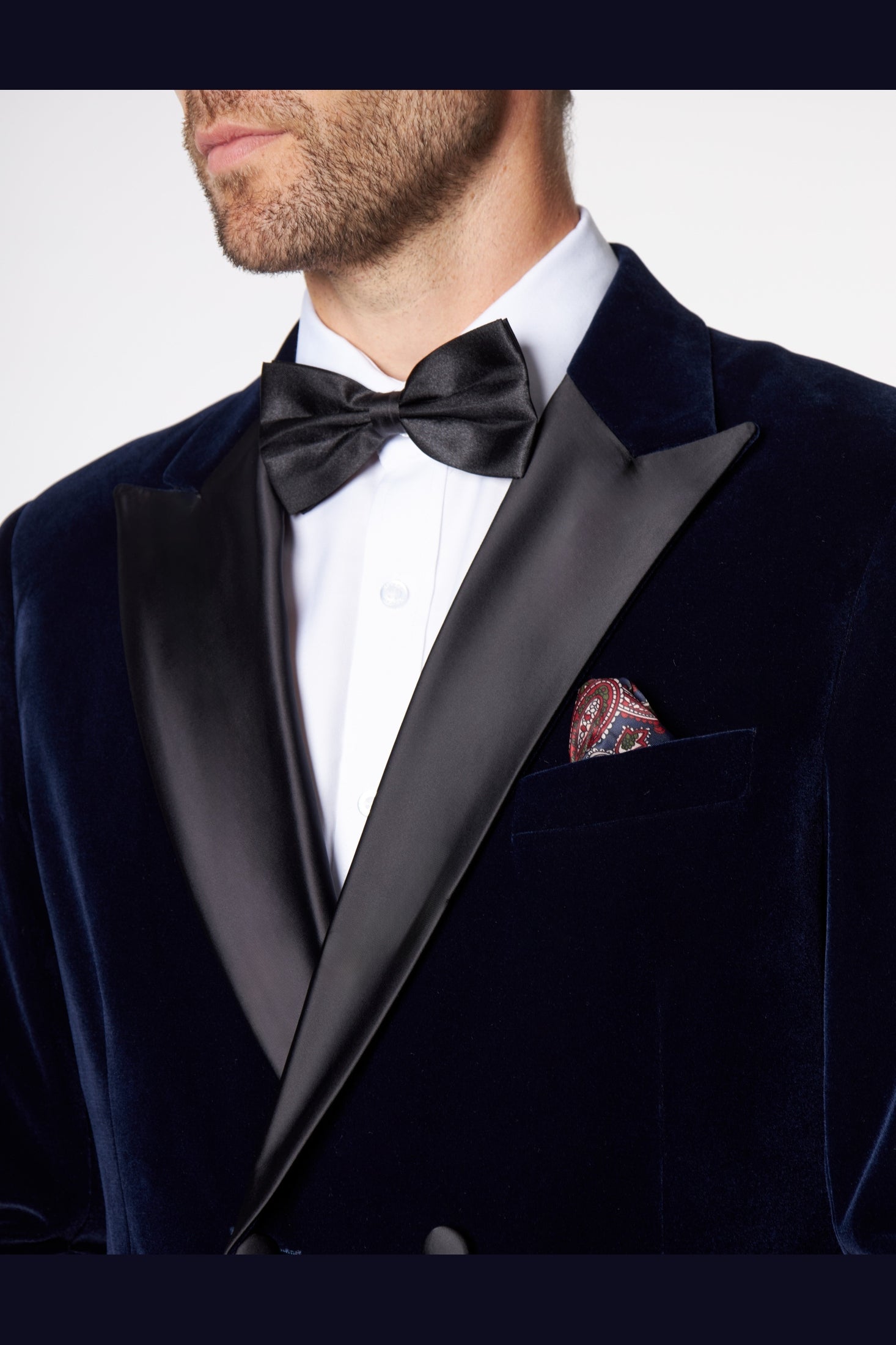 SMITH-NAVY TUXEDO DOUBLE BREASTED VELVET BLAZER