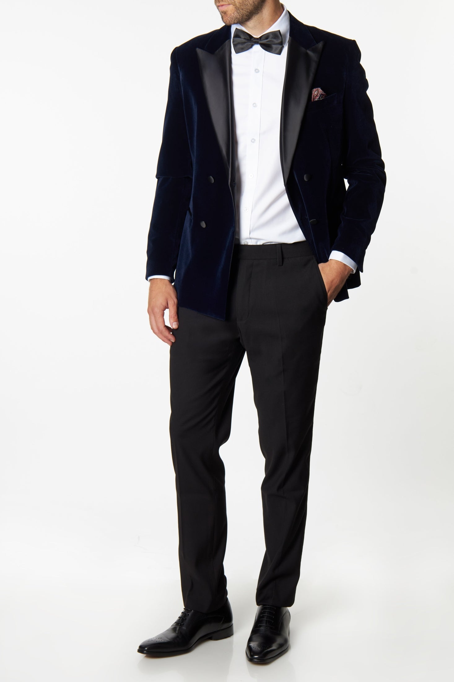 SMITH-NAVY TUXEDO DOUBLE BREASTED VELVET BLAZER