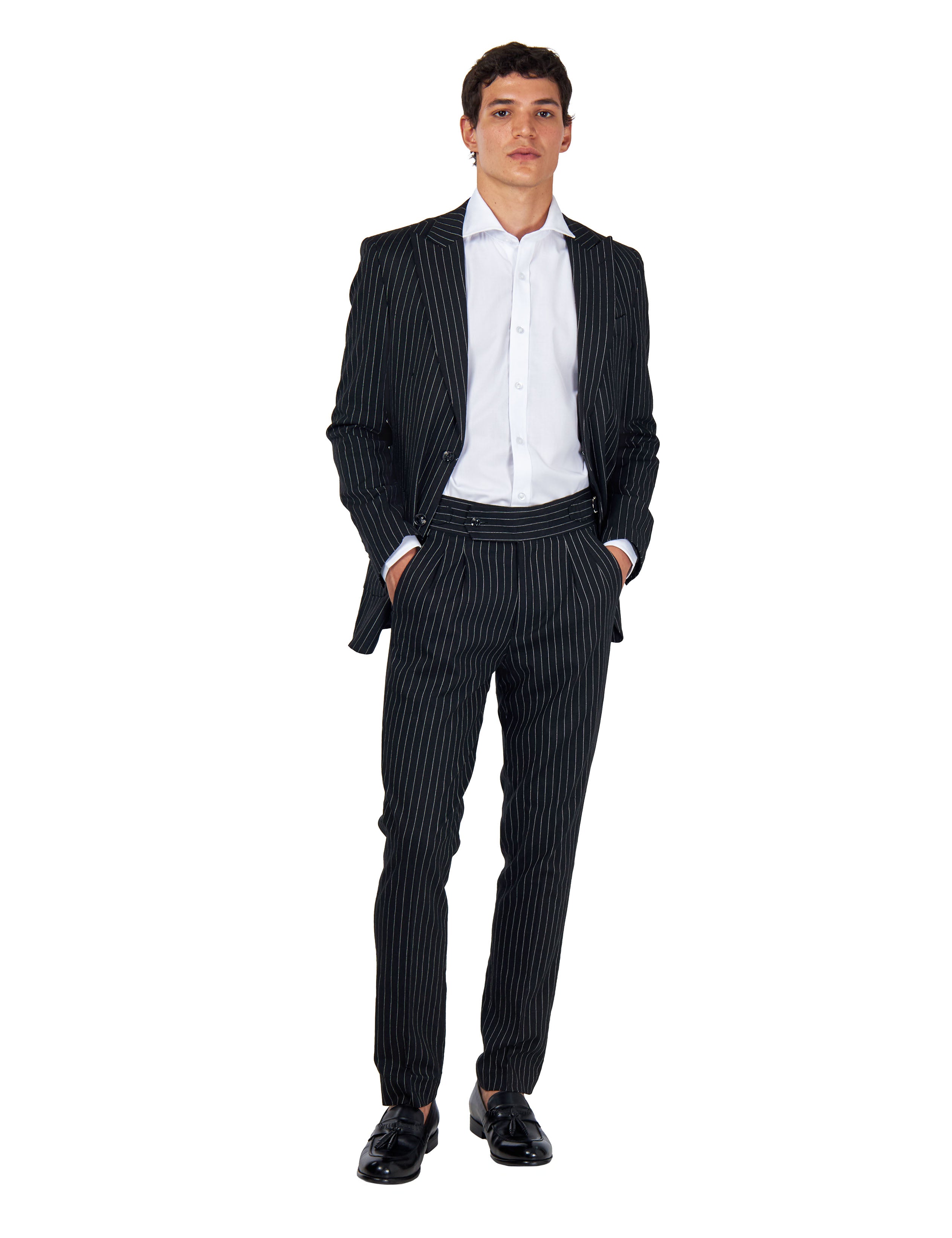 LLOYD - Tailored Mens Black Pinstripe Linen 2 Piece Suit