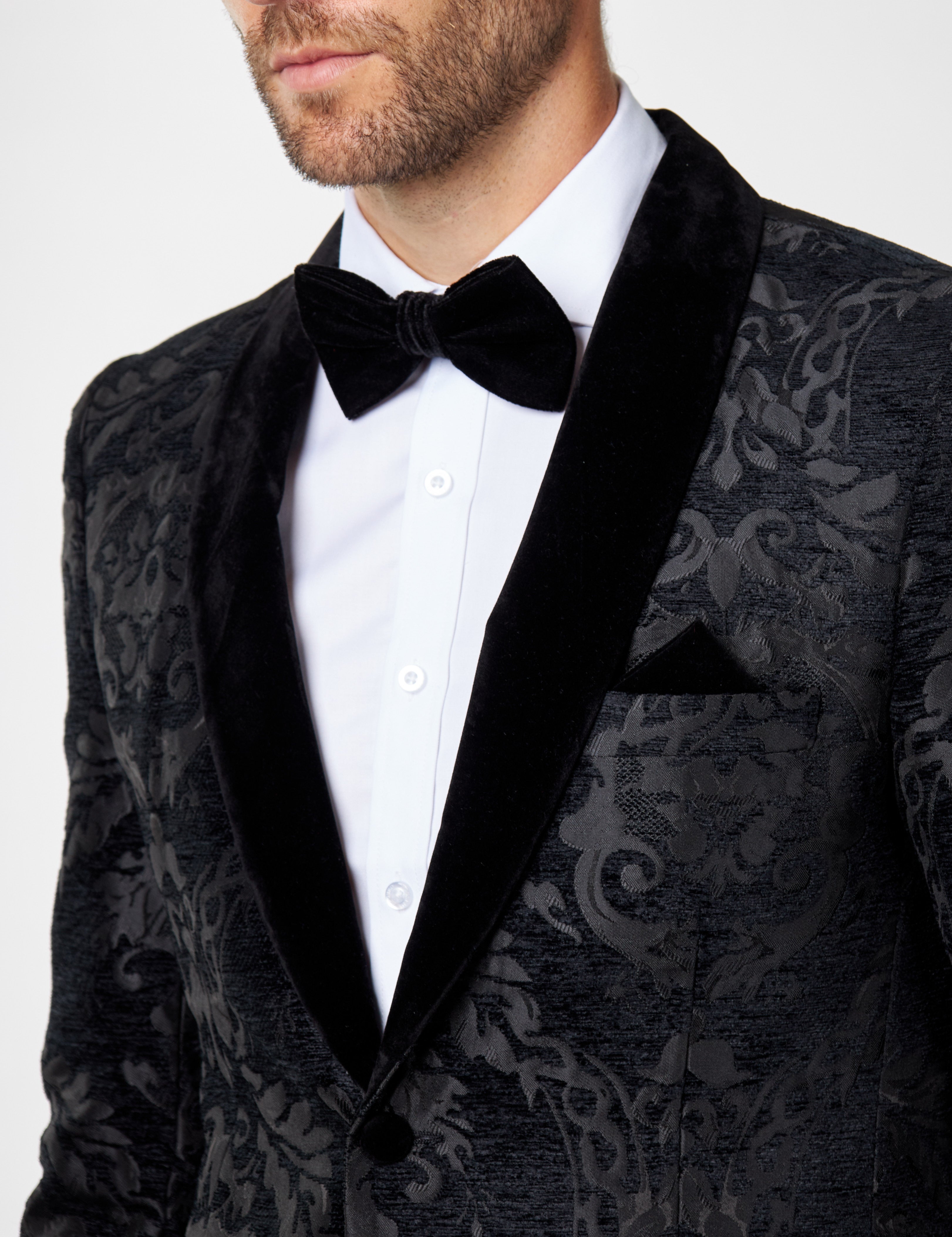 GLEN - Black Floral Foliage Velvet Jacquard Dinner Jacket
