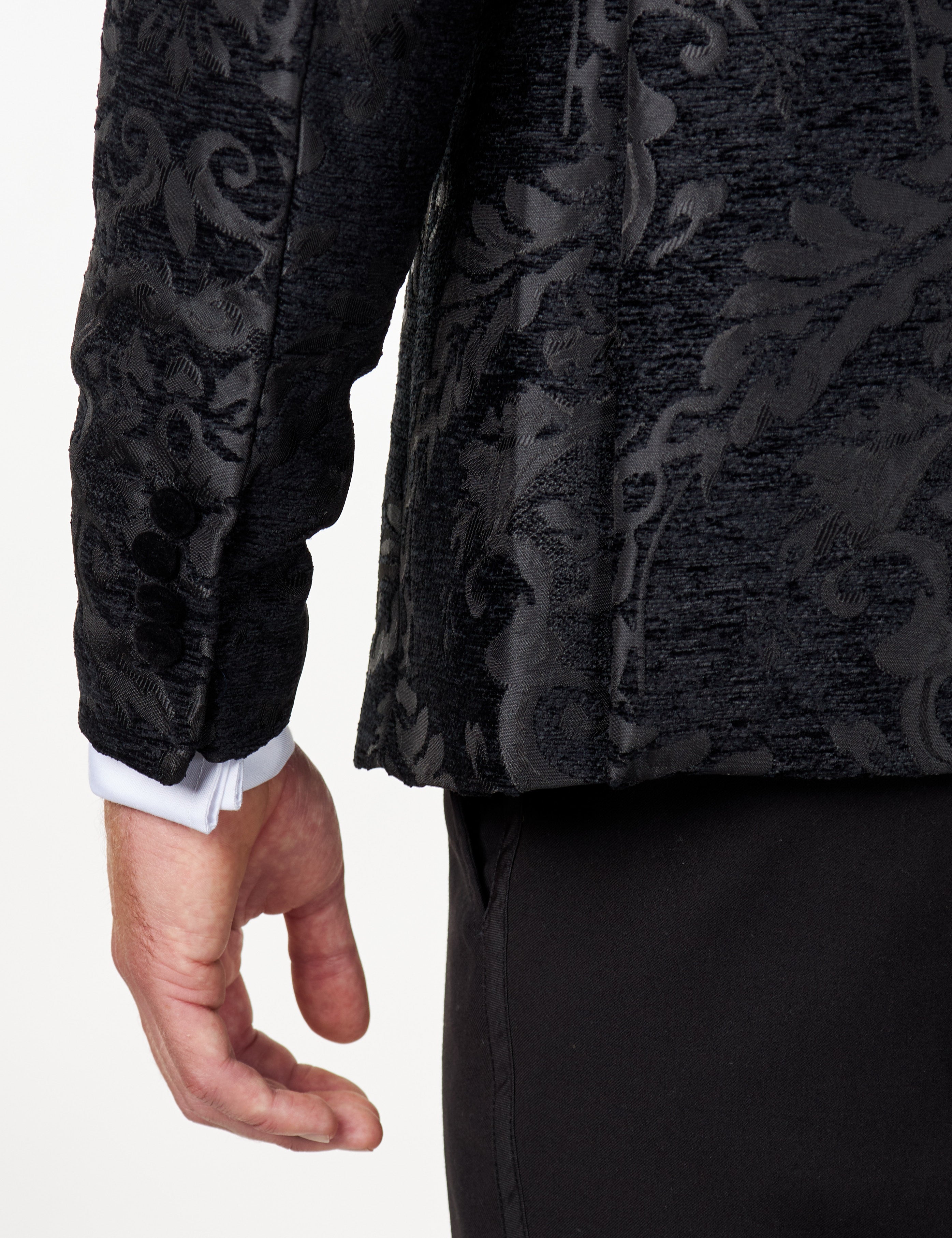 GLEN - Black Floral Foliage Velvet Jacquard Dinner Jacket