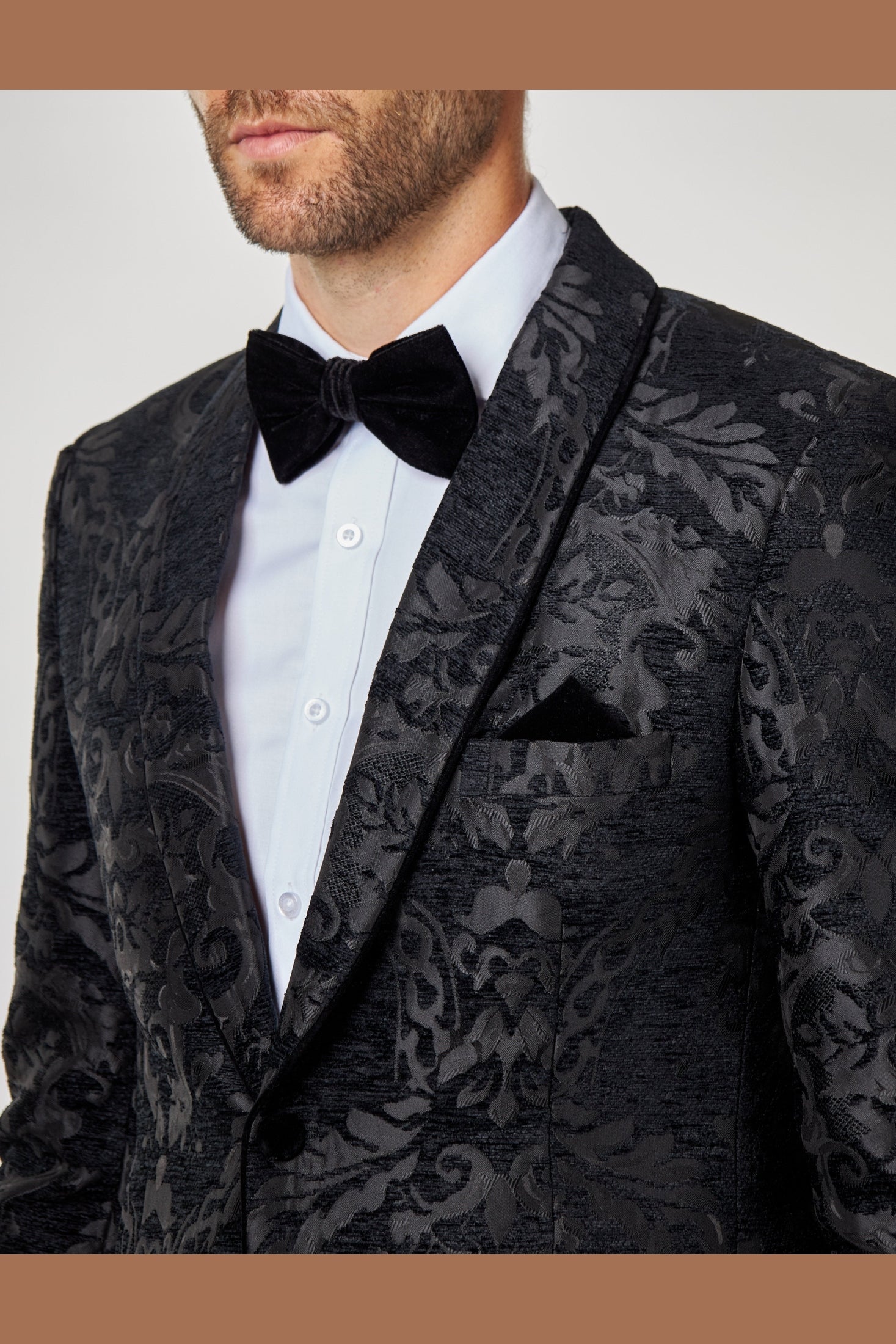 GLEN - Black Floral Foliage Jacquard Tuxedo Jacket