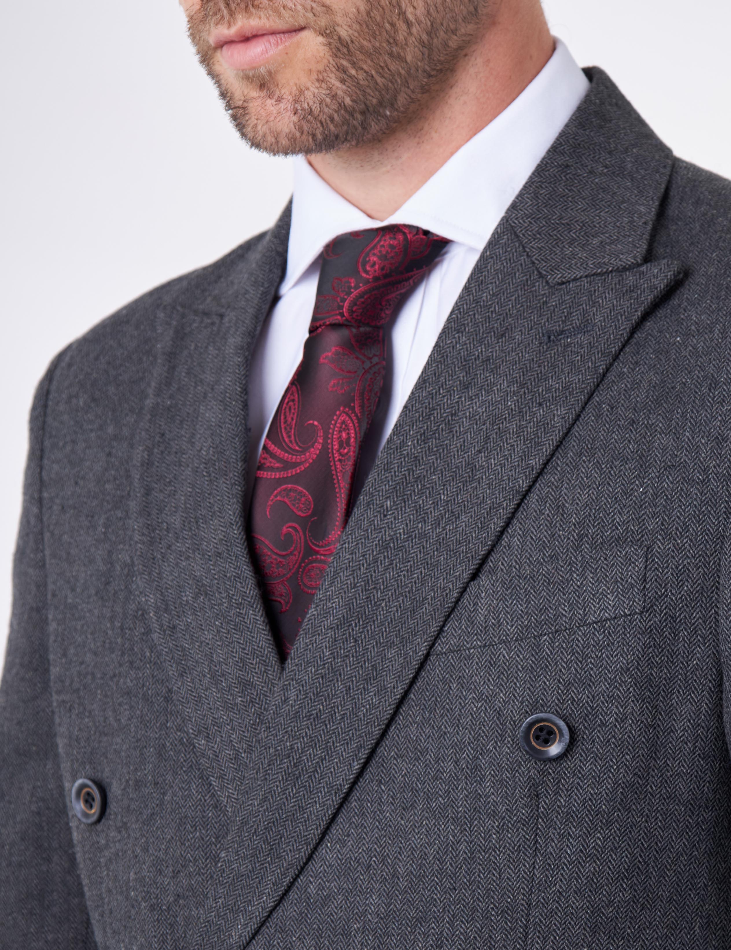 CALIX – Herringbone Double Breasted Tailored Suit – Dark Grey