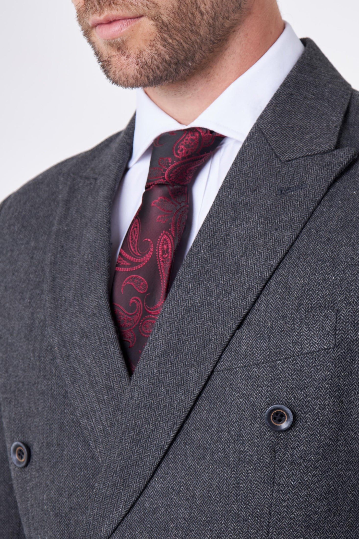 CALIX – Dark Grey Herringbone Tailored Double Breasted Blazer