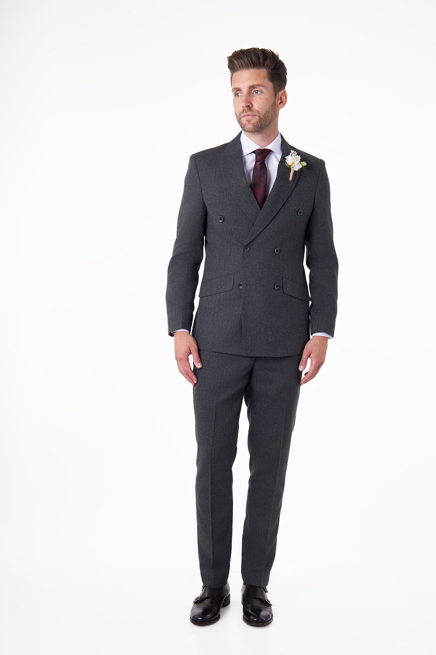 CALIX – Wool Mix Herringbone Tailored Dark Grey Suit Trousers