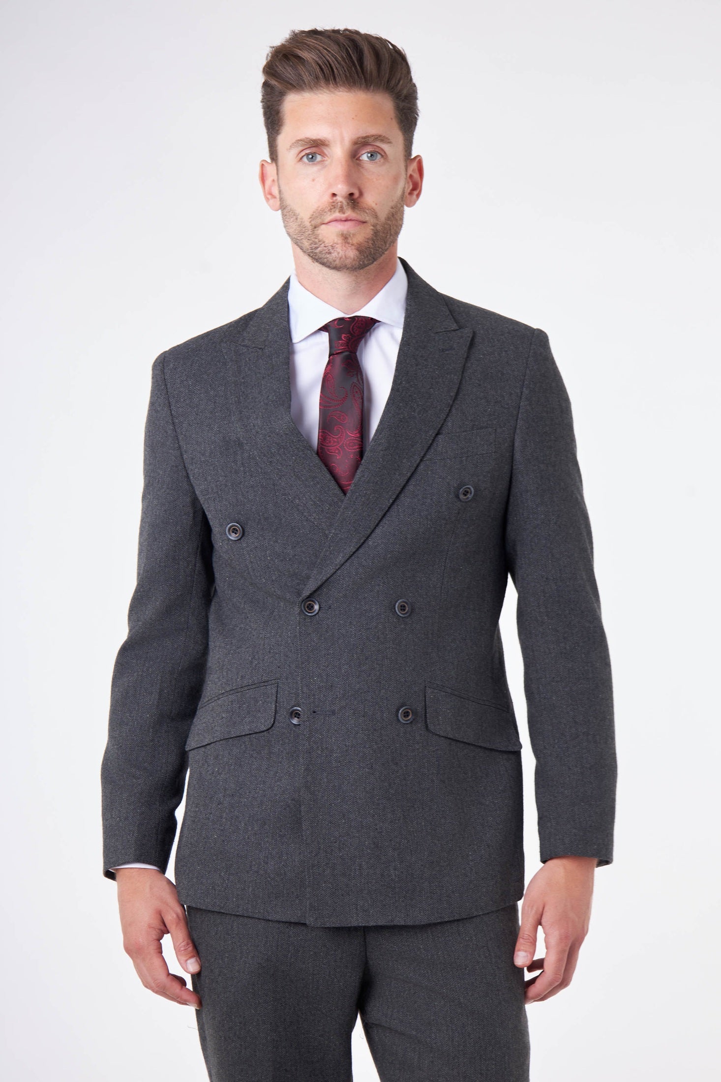 CALIX – Dark Grey Herringbone Tailored Double Breasted Blazer