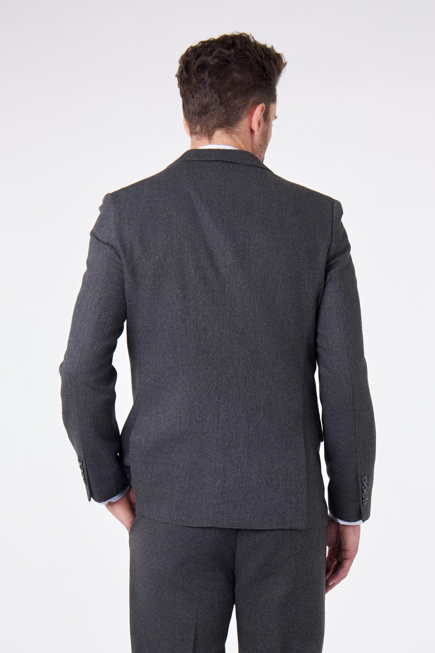CALIX – Dark Grey Herringbone Tailored Double Breasted Blazer