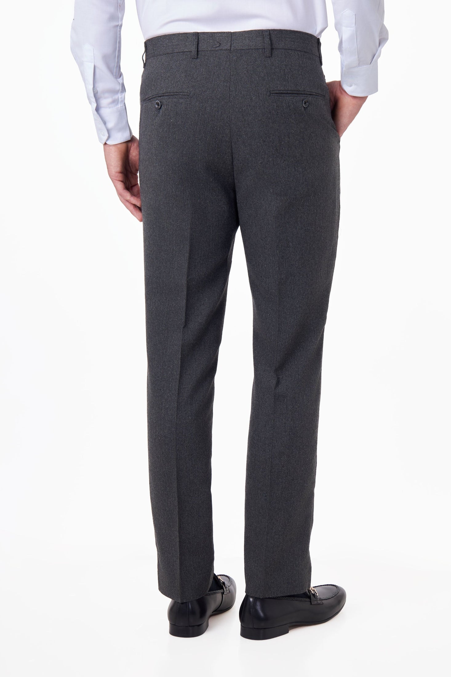 CALIX – Wool Mix Herringbone Tailored Dark Grey Suit Trousers