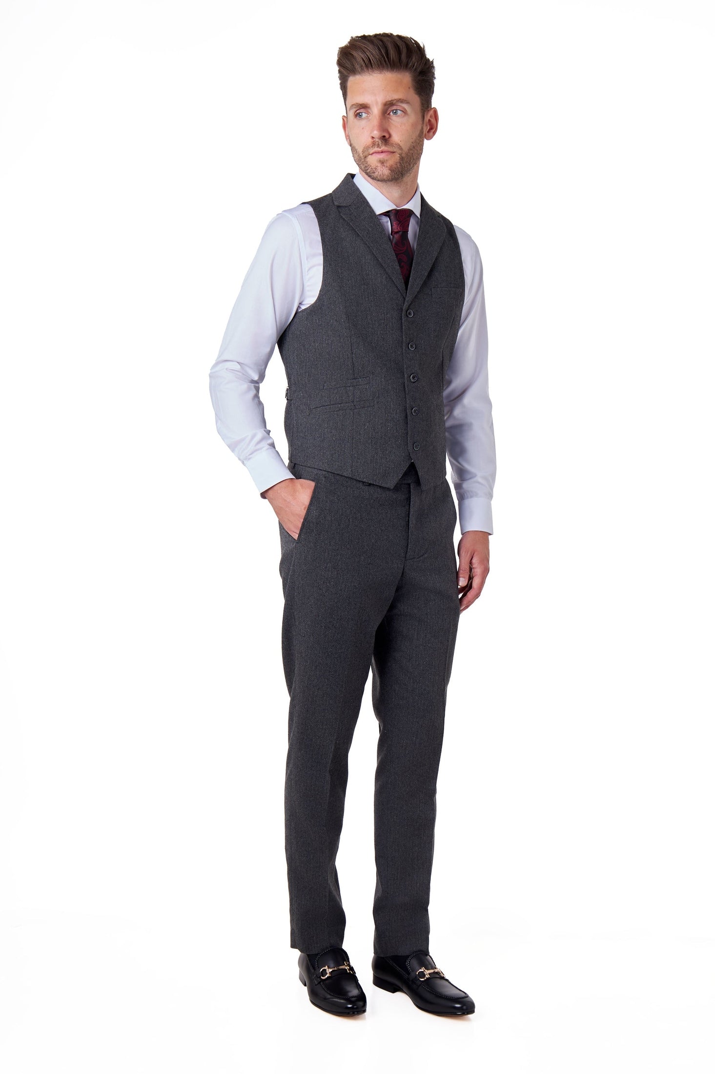 CALIX – Charcoal Wool Mix Herringbone Collared Waistcoat